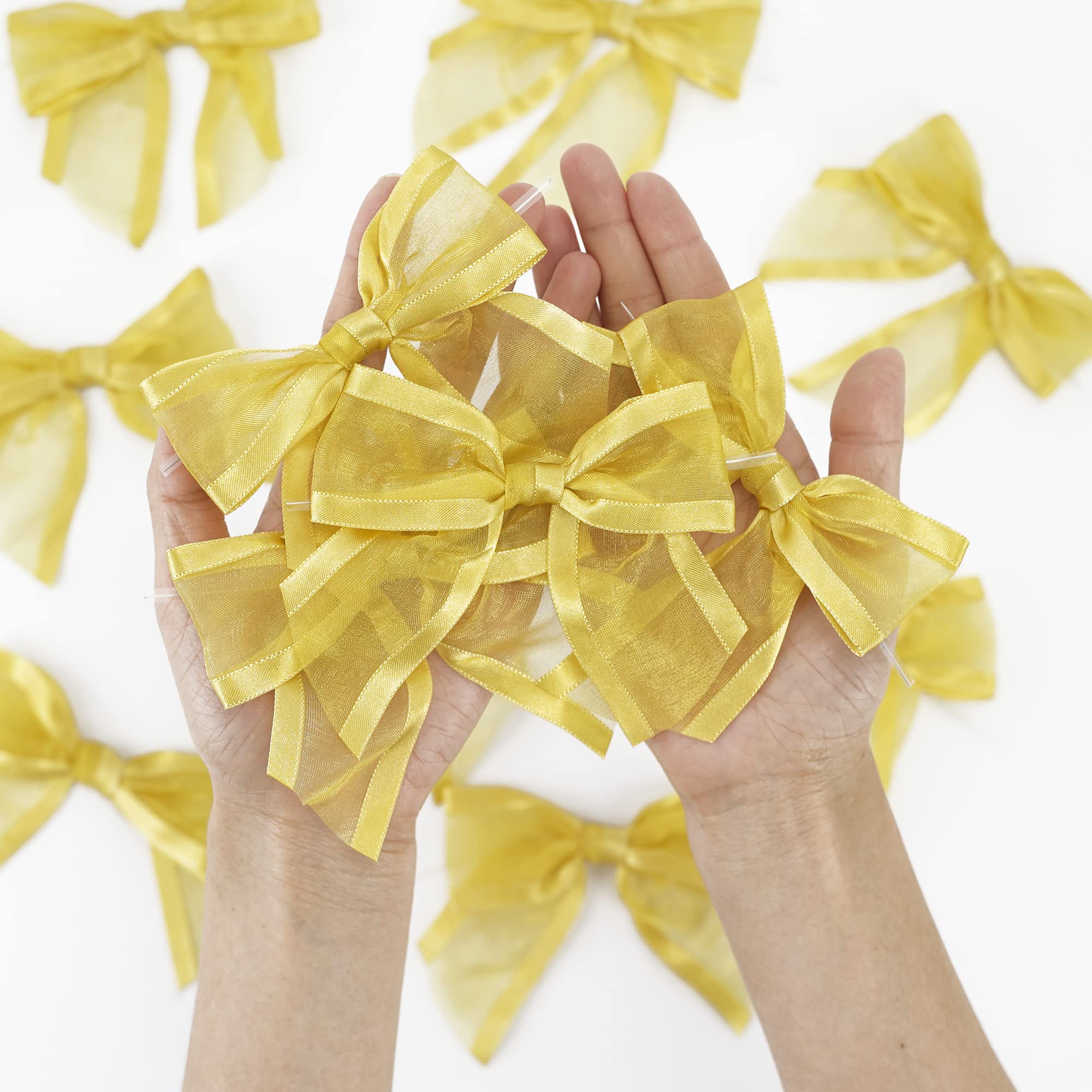 Premade Gold Organza Bows for Gifts, Christmas & Weddings - 12 Pack