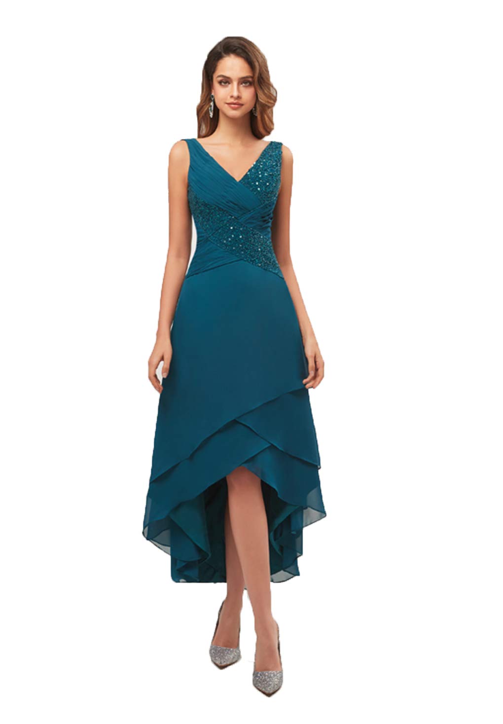 Elegant V-Neck Beaded Chiffon Evening Gown for Women - Formal Mother of The Bride Dress with High-Low Hem | Perfect for Weddings, Proms & Special Occasions