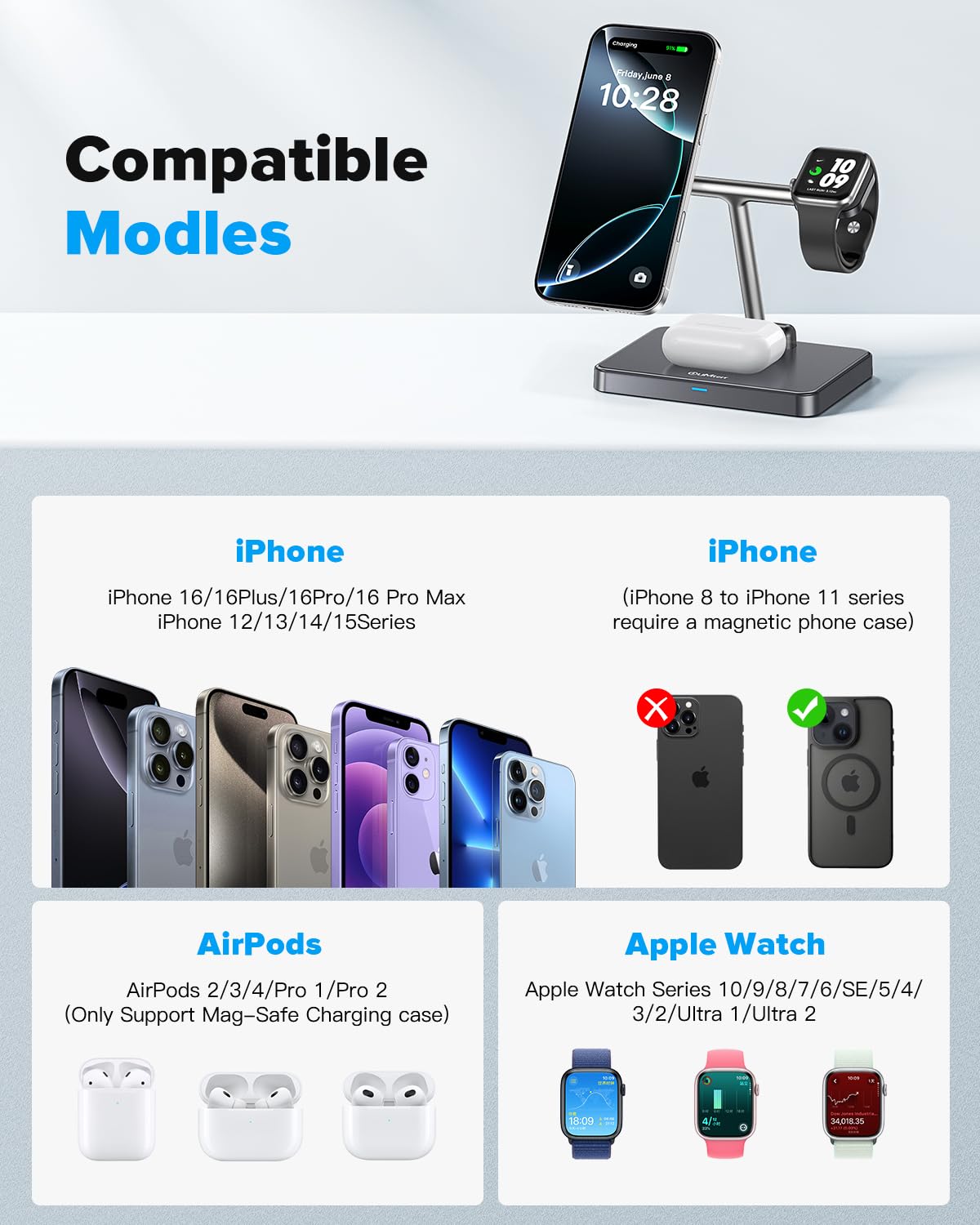 DUMTERR 3-in-1 Foldable Wireless Charging Station with MagSafe for iPhone 16/15/14/13/12, Apple Watch Series & AirPods - Fast Magnetic Charger Stand with N52 Strong Magnet & Safety Protection | Perfect for Home, Office & Travel Use