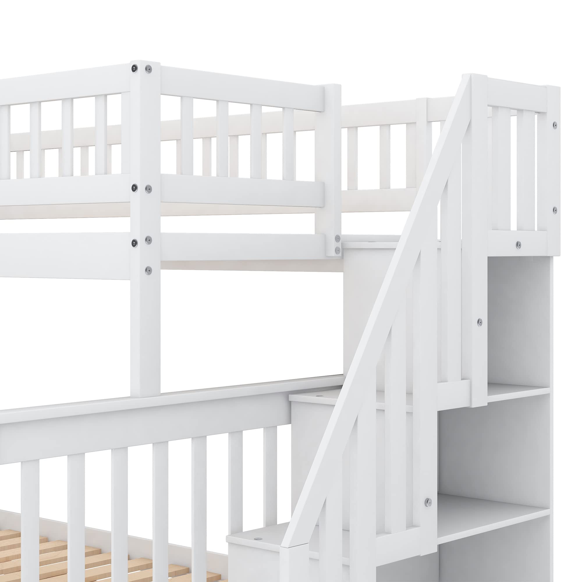 **Space-Saving Twin Over Full Bunk Bed with Stairs - Wooden Convertible Bunk Bed Frame with Storage & Safety Guard Rail - Splits into 2 Separate Beds (White) - Perfect for Kids' Rooms, Guest Rooms & Small Spaces**
