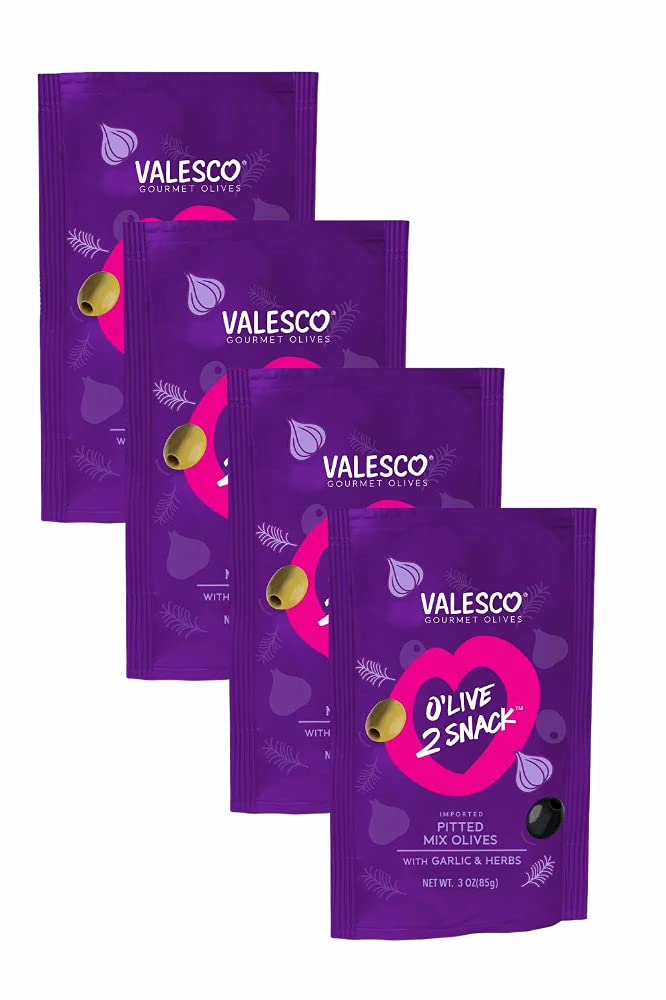 Valesco Gourmet Pitted Mixed Olives with Garlic & Herbs – 3 oz (Pack of 4) | Premium Snacking Olives for Charcuterie Boards, Salads & Cocktail Parties | Non-GMO, Keto & Mediterranean Diet Friendly
