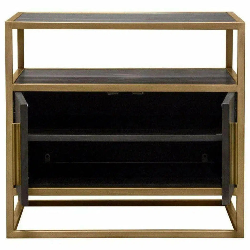Dark Brown 2-Door End Table with Gold Metal Frame - Perfect for Living Room, Bedroom, or Office Side Table