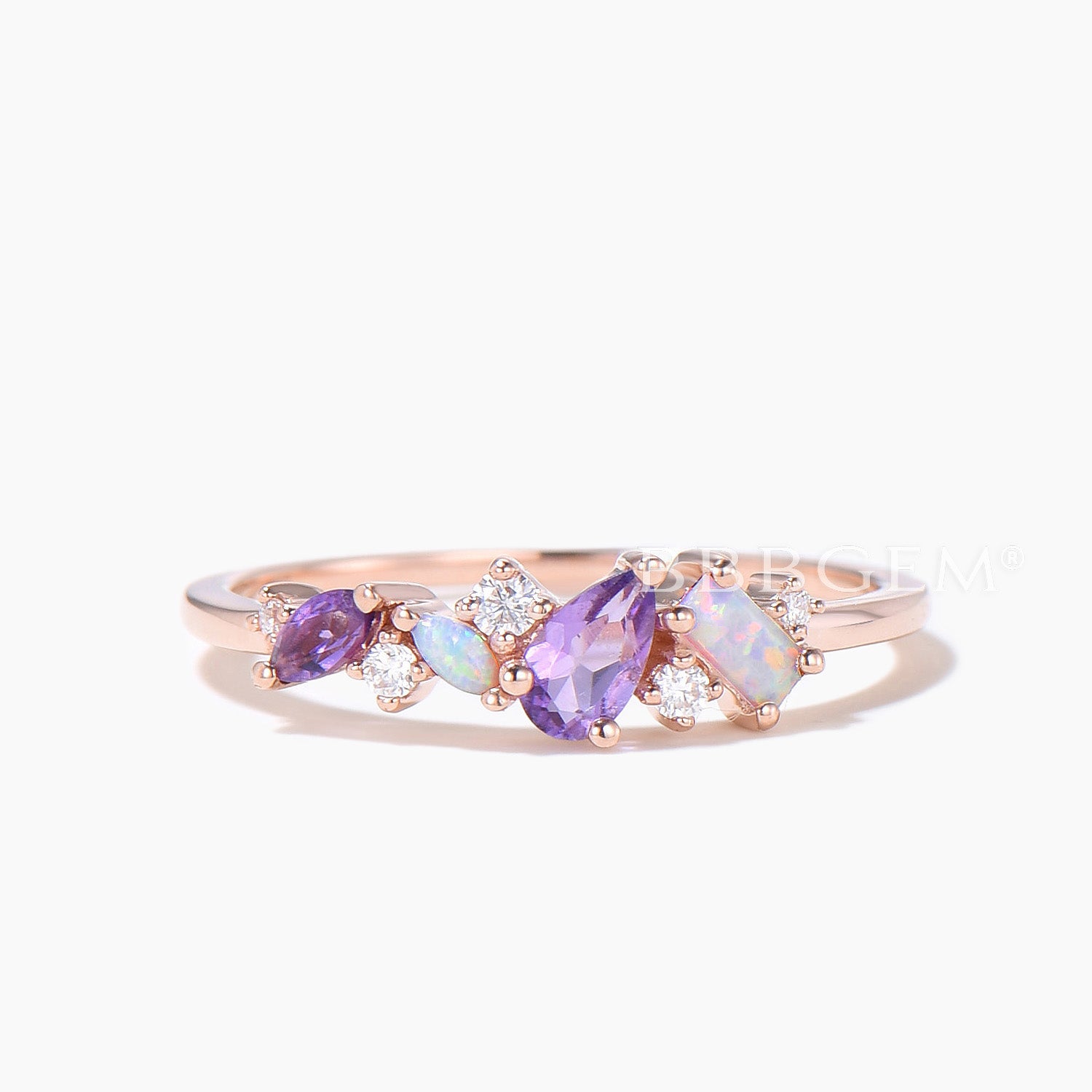 Vintage Pear Amethyst Wedding Ring - Rose Gold Opal Moissanite Cluster Engagement Band with Mixed Stones, Promise & Family Birthstone Jewelry | Perfect for Anniversaries, Bridal Sets & Special Occasions