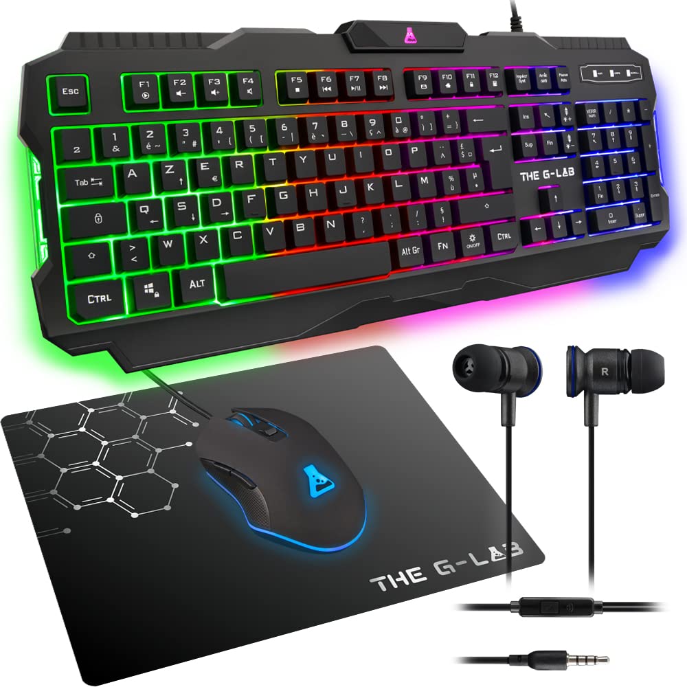 G-LAB Combo Helium 4-in-1 Gaming Bundle - RGB Backlit Mechanical Keyboard, 3200 DPI Ergonomic Gaming Mouse, Noise Cancelling In-Ear Headphones, Large Non-Slip Mouse Pad - for PC, Mac, PS4, PS5, Xbox One - Perfect for Esports, Streaming & Competitive Gaming
