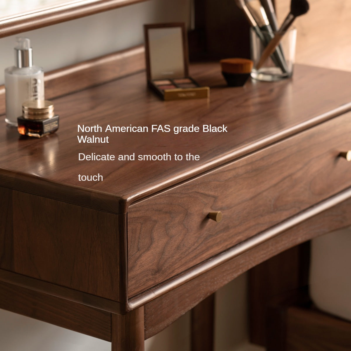Solid Black Walnut Wood Mirror Dressing Table with Storage | Makeup Vanity Desk for Bedroom | Elegant Bedroom Furniture & Cosmetics Organizer