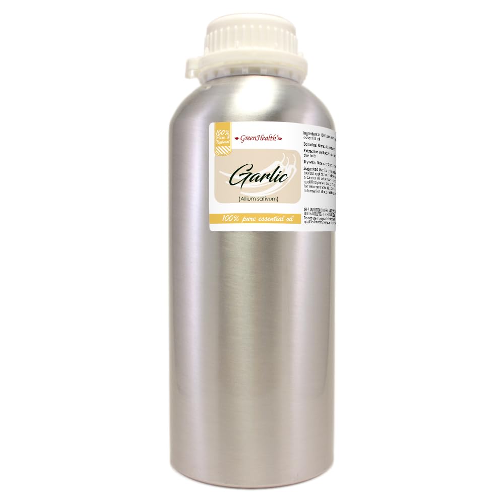 100% Pure Garlic Essential Oil - 32 fl oz (946ml) - Natural Aromatherapy Oil in Aluminum Bottle - for Cooking, Massage & Home Remedies - GreenHealth Brand