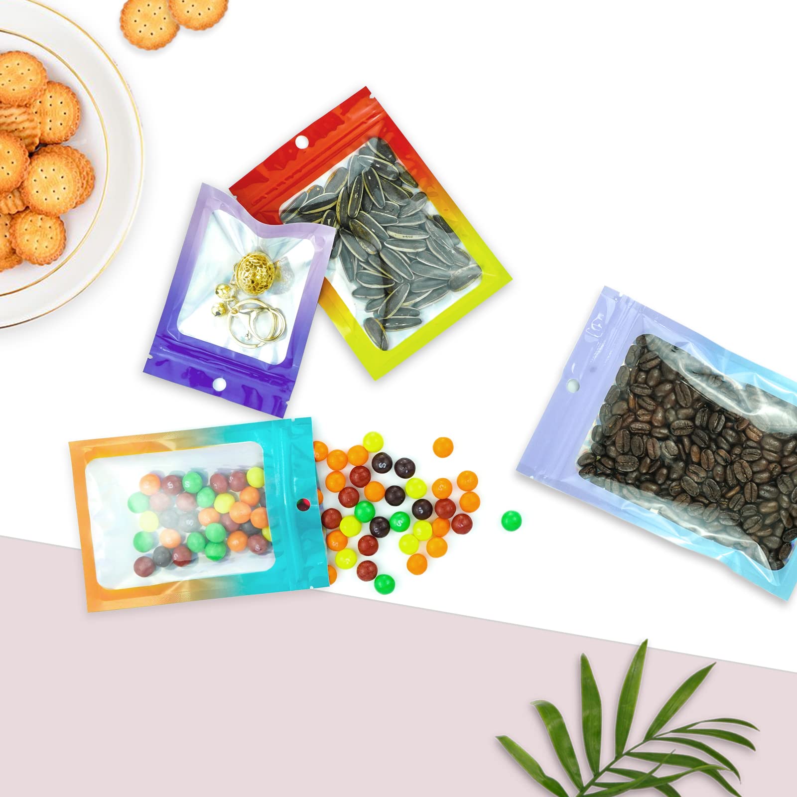 100-Piece Smell Proof Mylar Bags with Clear Window | Airtight Resealable Food Storage Bags for Party Favors, Small Business Packaging & Bulk Food Storage (2.8×4 Inch, Gradient Purple) - Perfect for Candy, Coffee, Tea, Herbs & DIY Gift Packaging