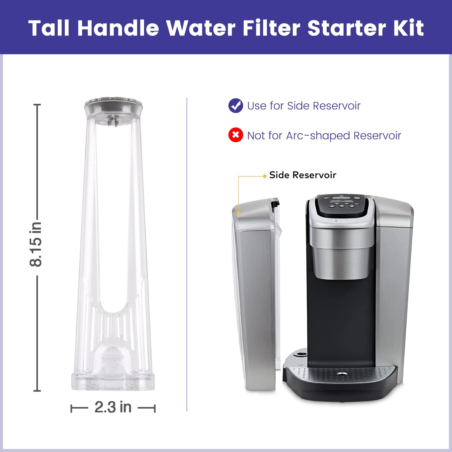 Keurig 2.0 Water Filter Replacement Kit - 2 Charcoal Filters & 1 Reusable K Cup - Tall Handle Design (8.15inch) - Perfect for Coffee Makers & Home Brewing