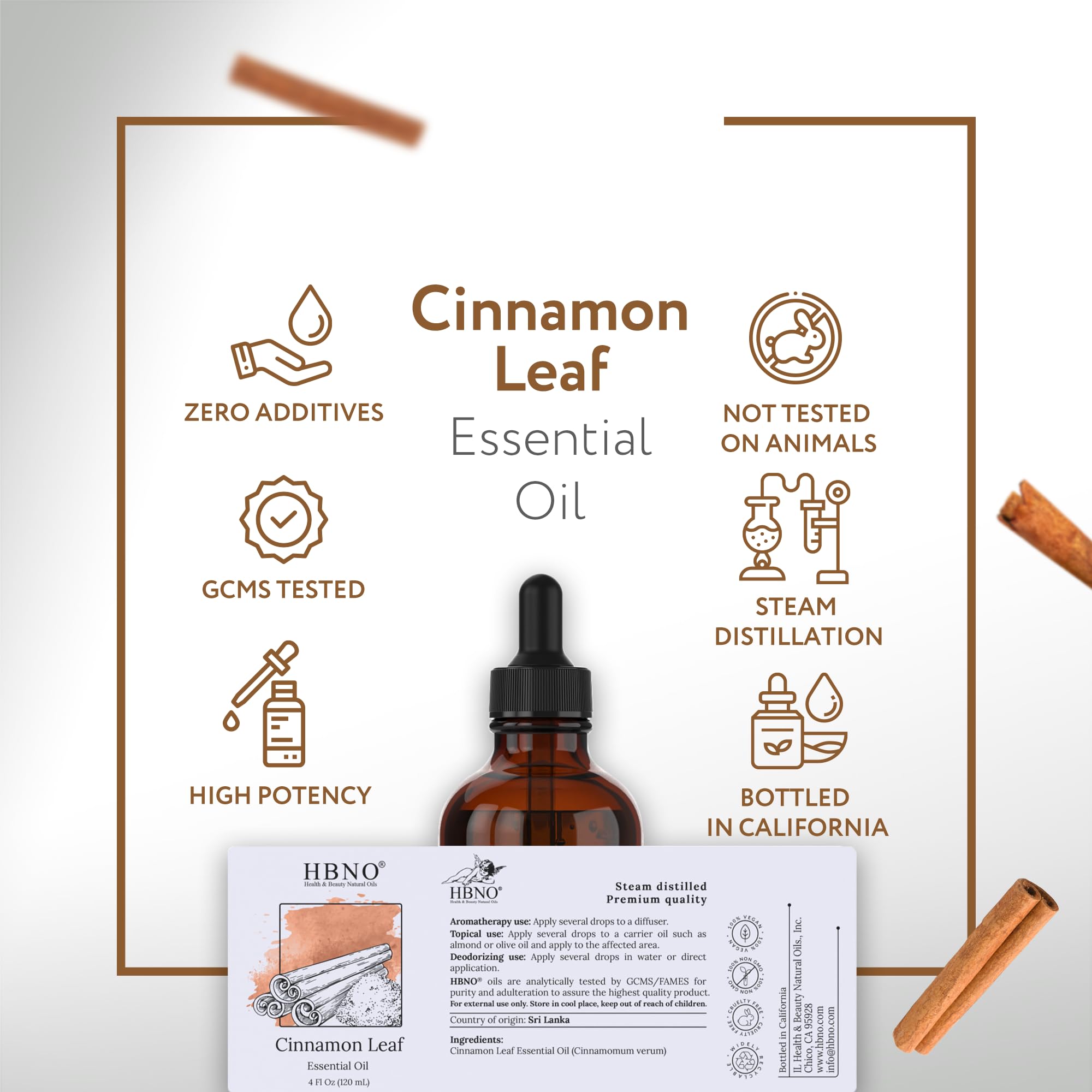 HBNO California 100% Pure Cinnamon Leaf Essential Oil 4 fl oz (120ml) - Natural Aromatherapy Oil for Diffusers, DIY Soap Making, Home Cleaning & Relaxation - Best for Spa, Massage & Holiday Scent Blending