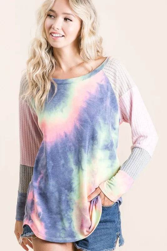 BiBi Tie Dye Terry Top with Color Block Pointelle Knit | Women's Casual Short Sleeve Shirt | Perfect for Summer Outings, Beach Vacations & Music Festivals