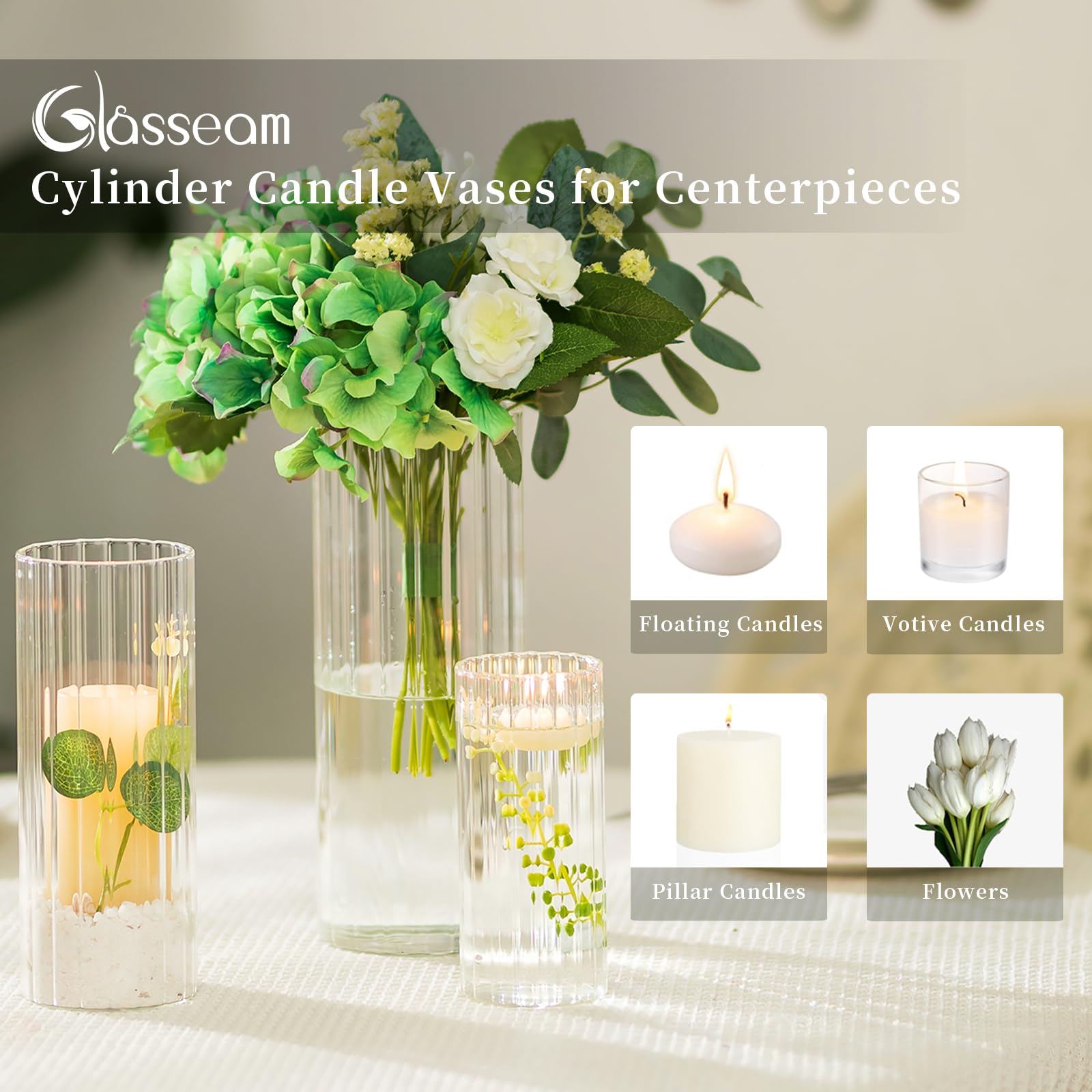 Glasseam 18-Piece Clear Ribbed Glass Cylinder Candle Holders Set - Hurricane Pillar & Floating Candle Vases for Dining Table Centerpieces, Flute Flower Vases for Wedding, Party Decor & Home Decoration