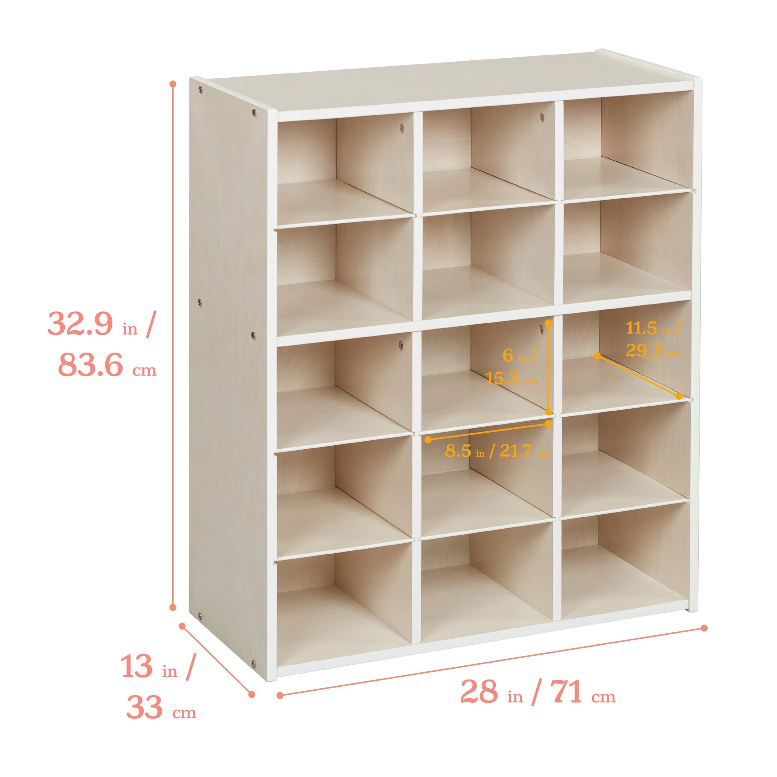 ECR4Kids 15-Cubby Storage Cabinet with Trays, 5x3 Organizer for Classroom & Home, White Wash - Perfect for School Supplies, Toys & Kids' Room Organization