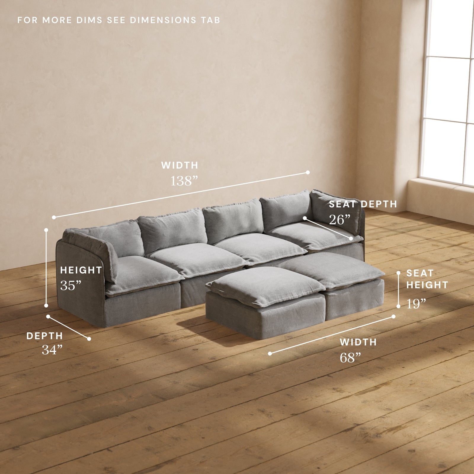 Modular Performance 4-Seater Sofa with Bench Ottoman in Ash - Premium Blend Fabric for Living Room, Family Room & Lounge Areas
