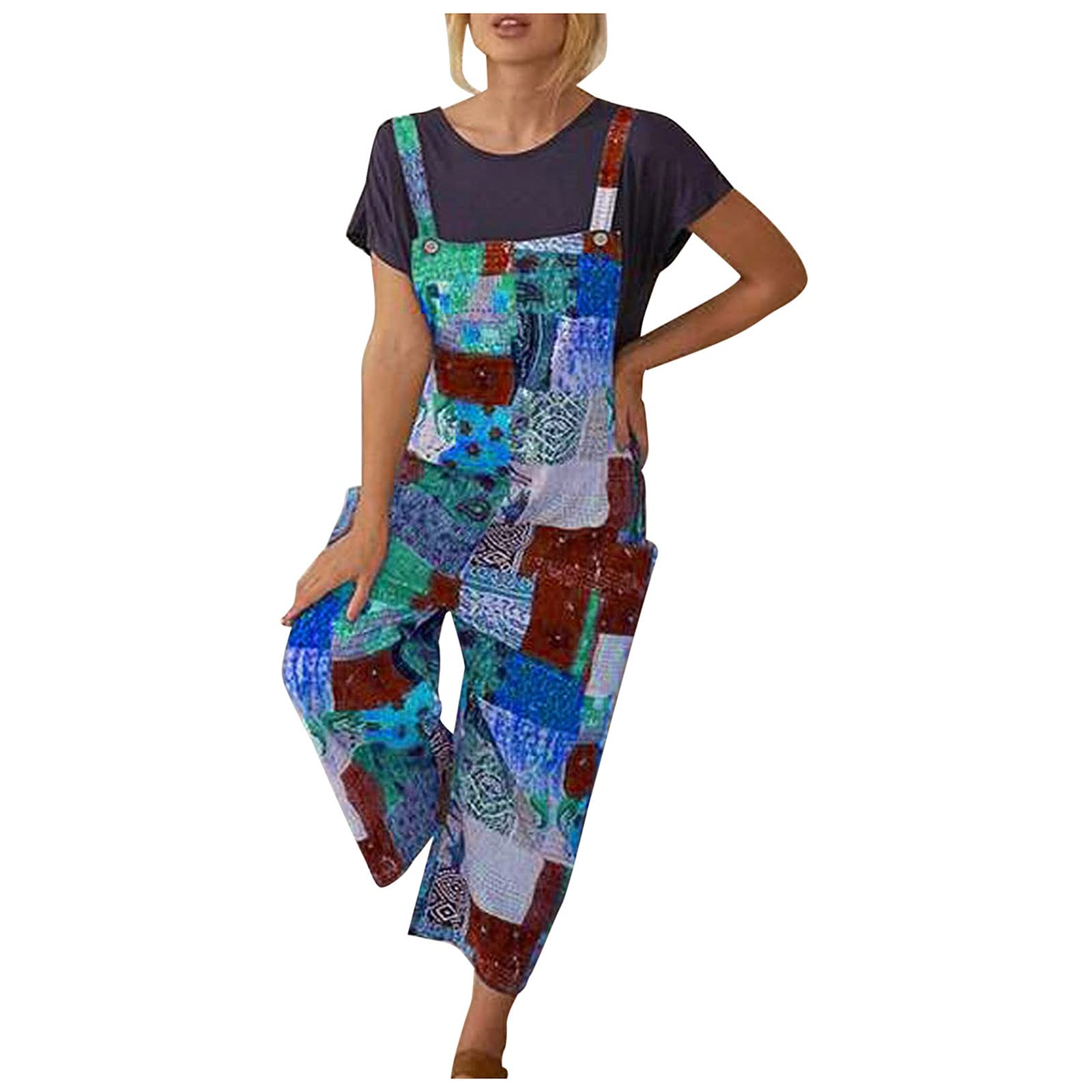 Vintage Women's Suspender Button Jumpsuit - Ethnic Patchwork Printed Fashion Romper for Beach, Party & Casual Outfits | Boho Chic Summer Style