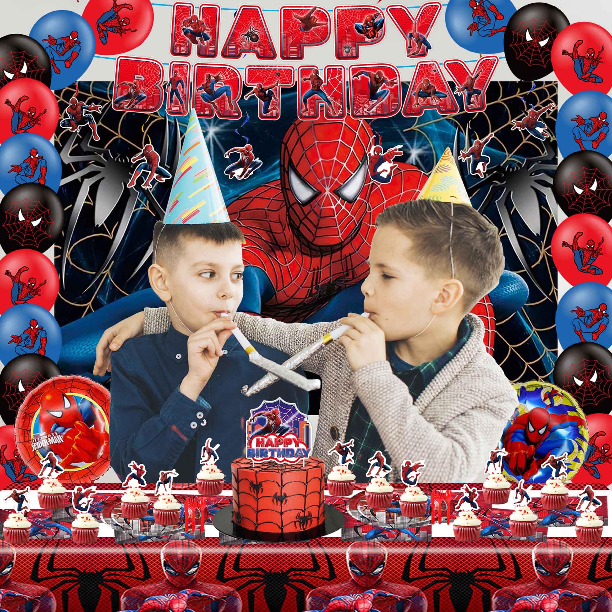 Spider Themed Birthday Party Decorations Kit - Includes Tablecloth, Paper Plates, Banner, Balloons, Backdrop, Hanging Swirls & Cupcake Toppers for 10 Guests | Perfect for Halloween, Kids Birthday Parties & Spooky Themed Events
