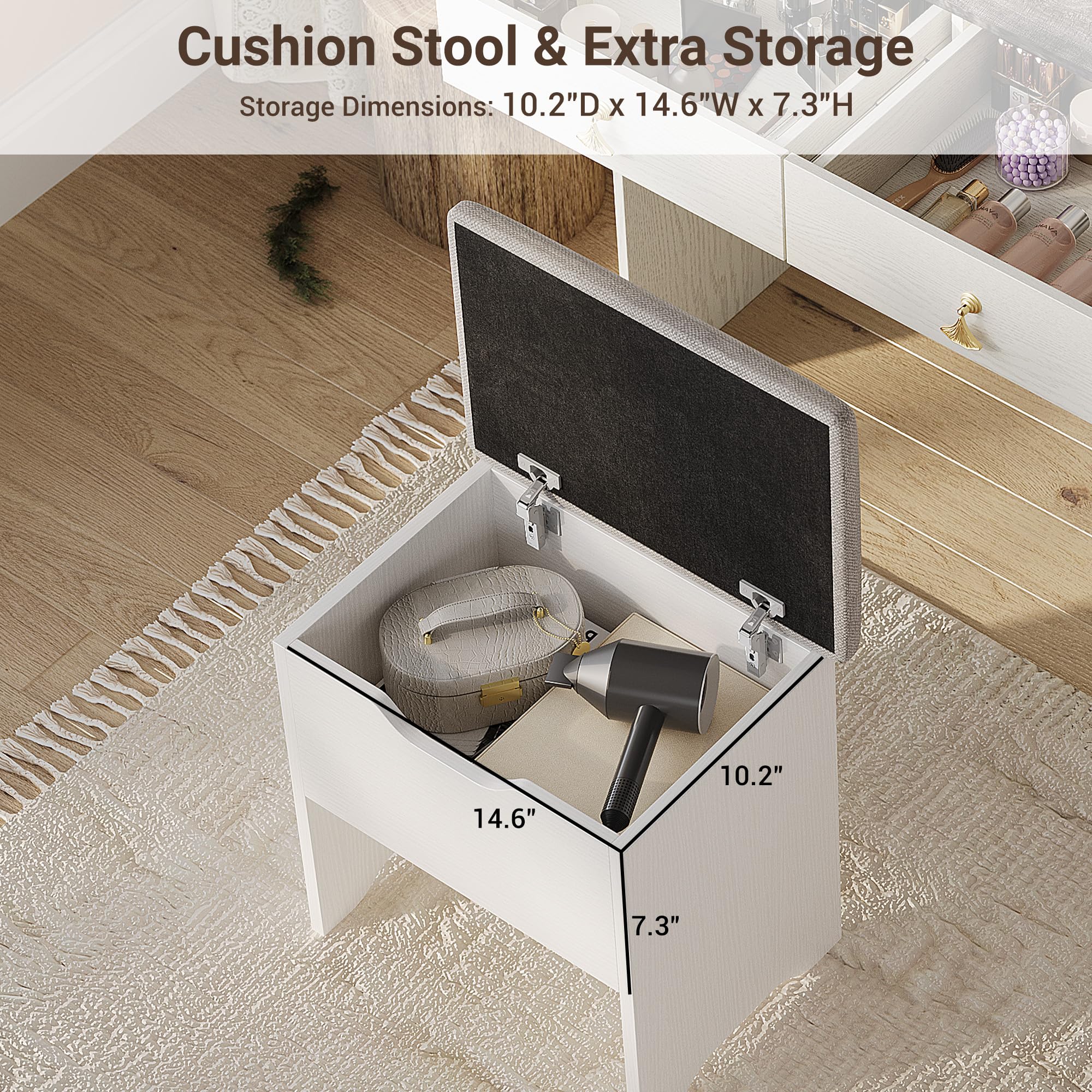 Vanity Desk with LED Light Mirror & USB Charging Station, Small Makeup Vanity Set with 2 Drawers & Storage Stool for Women Girls - White & Grey Tabletop | Perfect for Bedroom, Dorm Room & Beauty Salon
