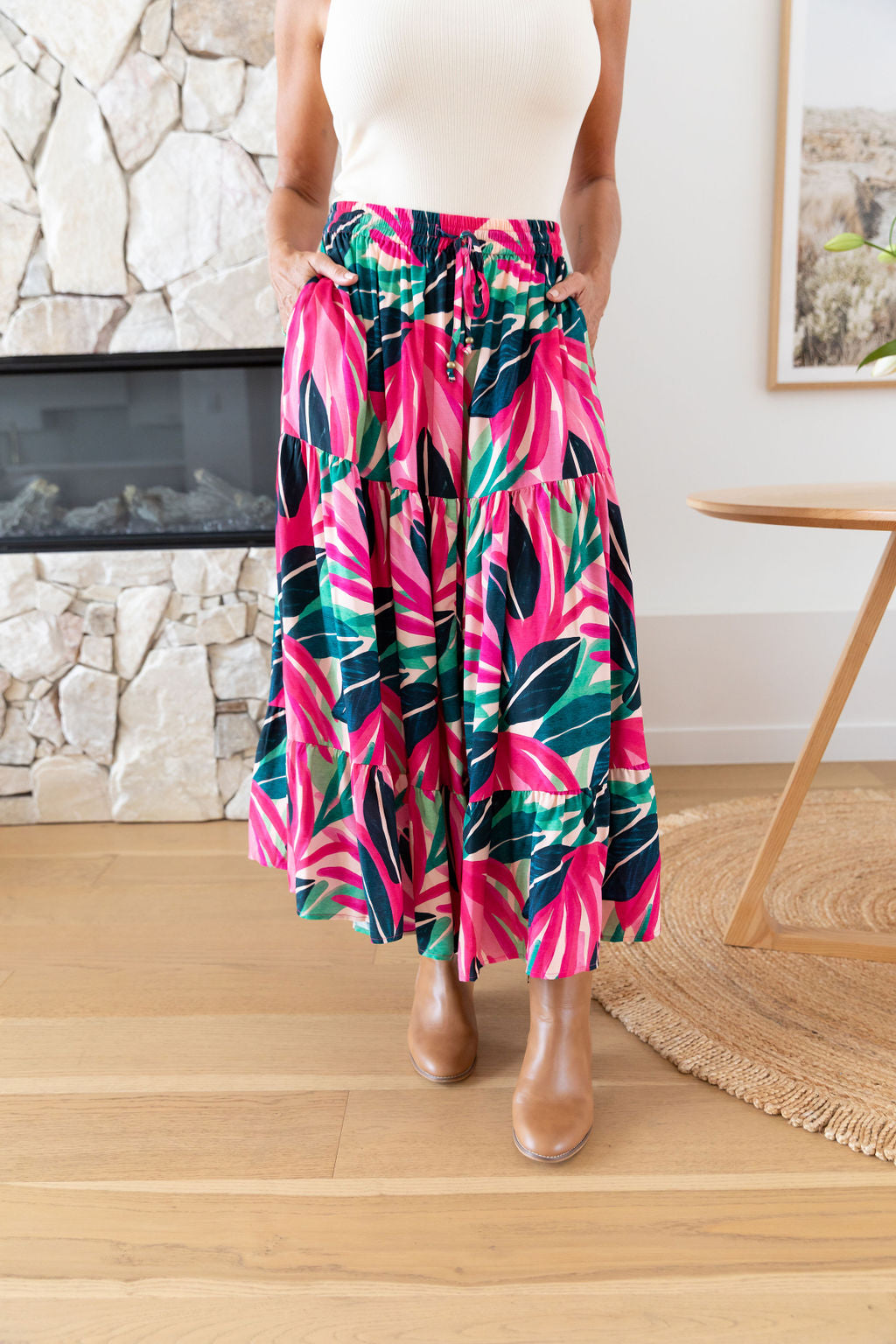 Carrie Skirt in Jungle Pink - Women's Floral A-Line Midi Skirt with Pockets | Perfect for Spring Outfits, Office Wear & Casual Dates