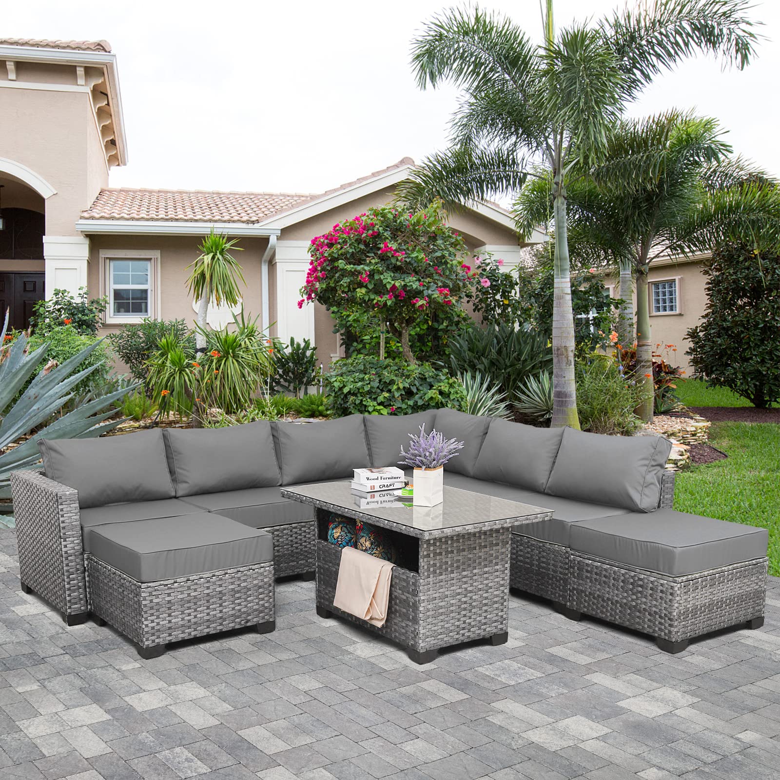 Outdoor Patio 9-Piece Silver Gray Rattan Sectional Sofa Set with Glass Top Storage Table, Gray Cushions & Free Cover - Perfect for Backyard, Poolside & Garden Conversations