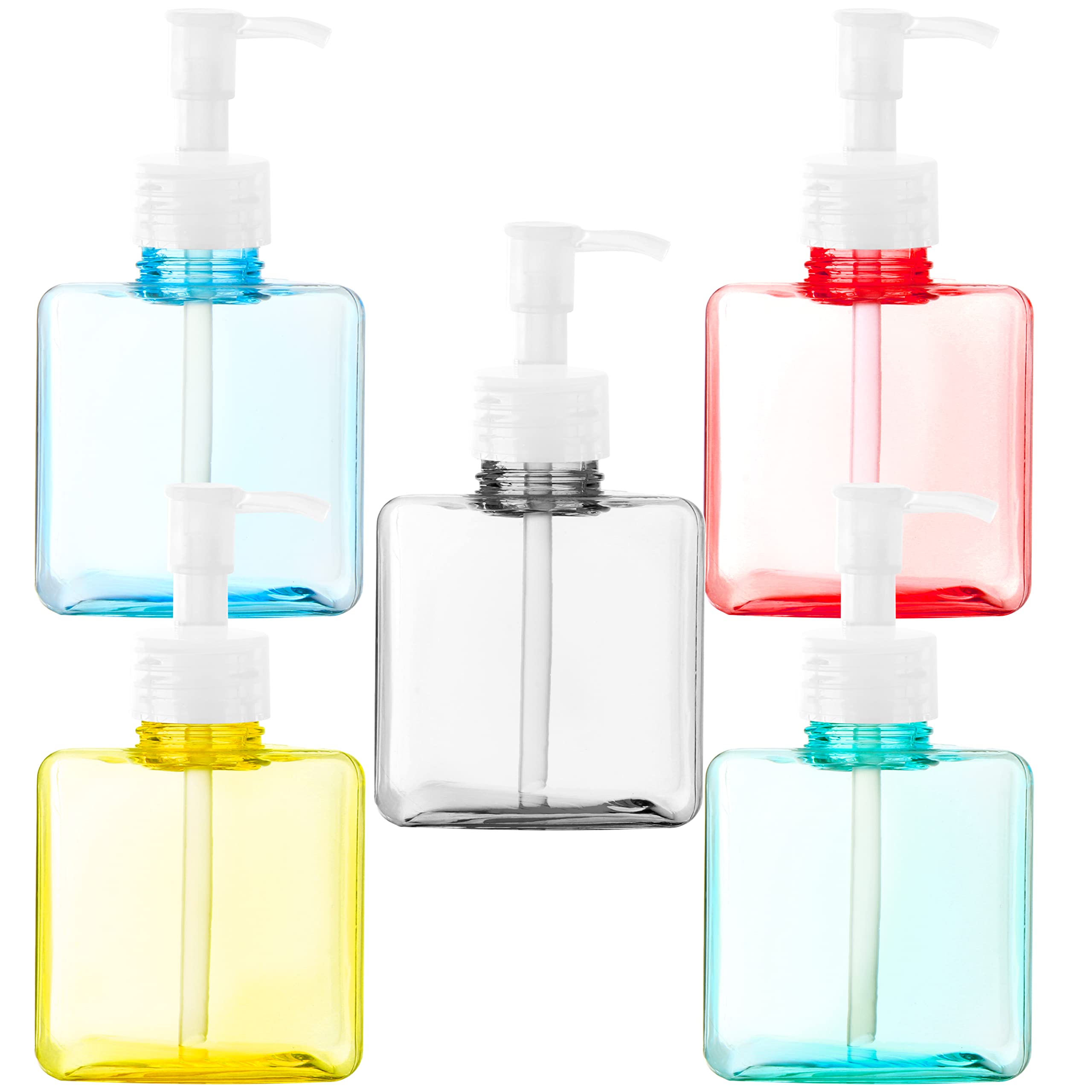 Youngever 5-Pack Colorful Square Plastic Pump Bottles - 8oz Refillable Dispenser Bottles for Lotions, Shampoos & Liquid Soaps | Perfect for Bathroom, Salon & Travel Organization