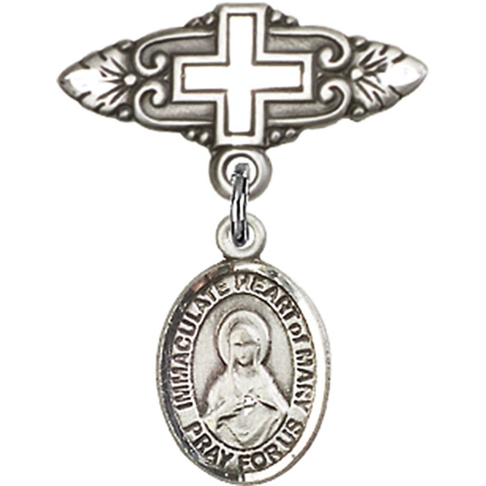 1 X 3/4 Inch Sterling Silver Baby Badge with Immaculate Heart of Mary Charm & Cross Pin - Perfect for Christening Gifts, First Communion Jewelry & Religious Keepsakes