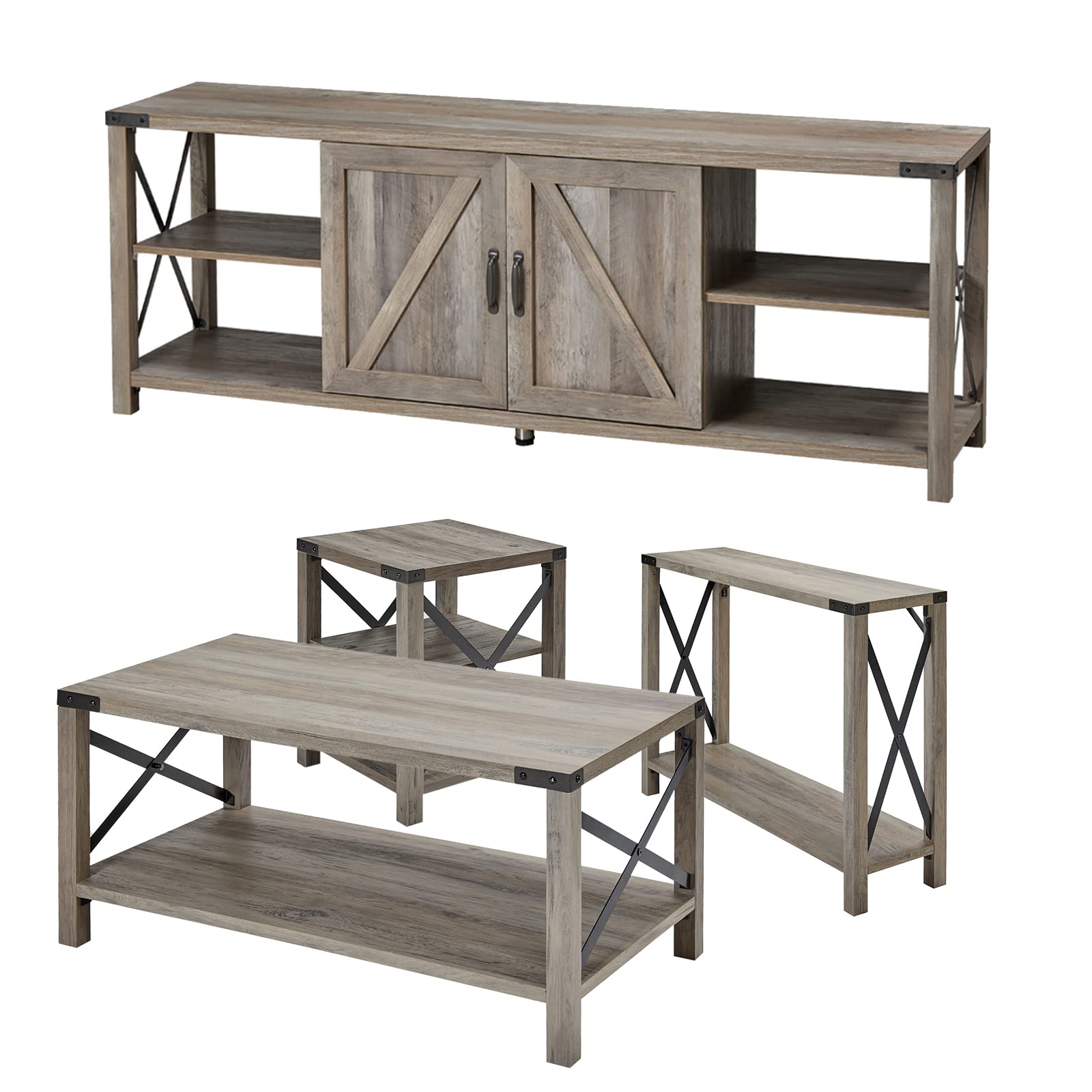 AMERLIFE 4-Piece Industrial Living Room Table Set - TV Stand, Coffee Table, Console & End Tables - Grey Wash Farmhouse Decor - Perfect for Modern Farmhouse, Rustic & Industrial Style Living Rooms