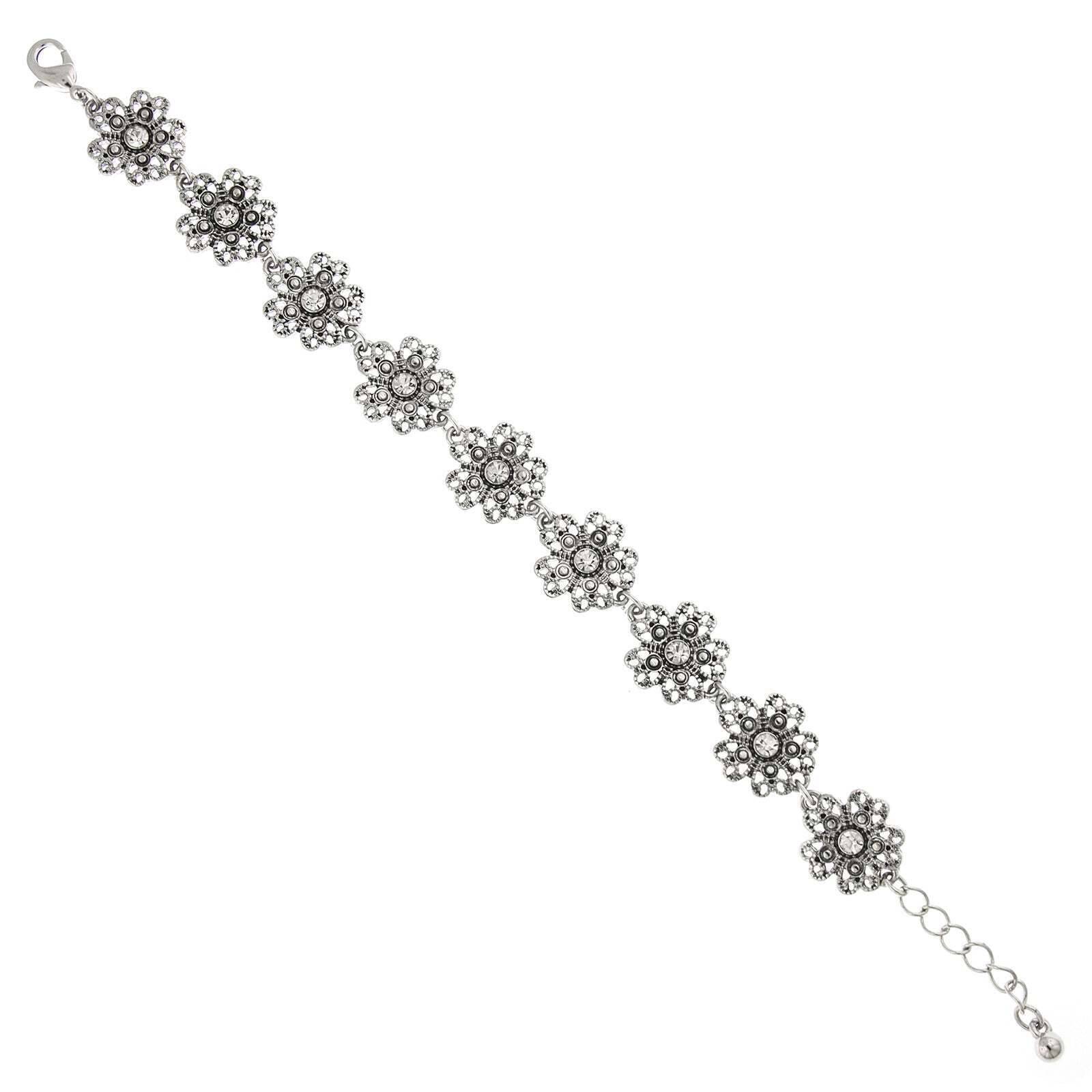 1928 Crystal Flower Link Bracelet for Women - Elegant Rhinestone Adjustable Chain Bracelet for Party, Wedding & Everyday Wear