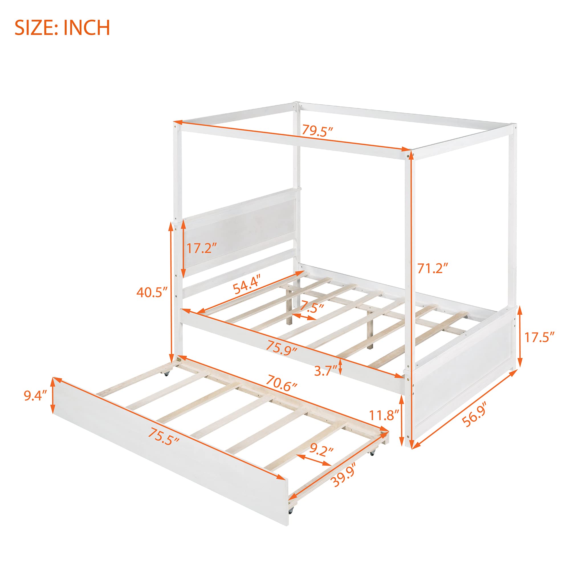 MERITLINE Full Size Canopy Bed with Trundle - Solid Wood Platform Bed Frame with Headboard & Footboard - Modern Slat Support Design for Kids, Teens & Adults - Perfect for Bedrooms, Guest Rooms & Dormitories (White)