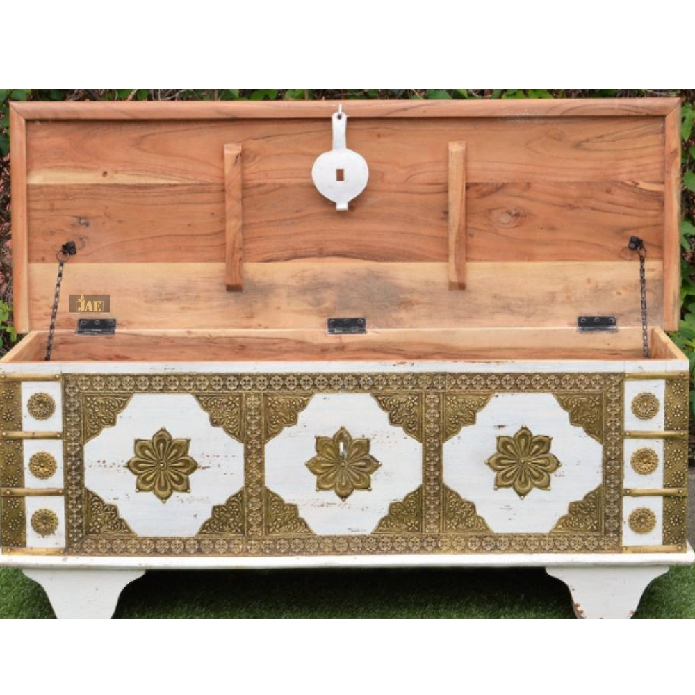 Handmade Embossed Mango Wood Coffee Table with Brass Fittings - Antique White Finish | Perfect for Living Room, Lounge & Boho Home Decor