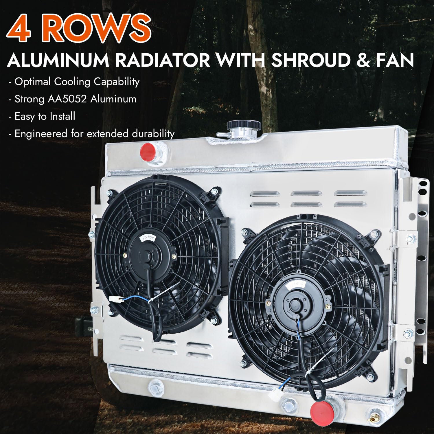4 Row Aluminum Radiator for 1959-1968 Chevy Bel Air, Biscayne, Caprice, Chevelle, El Camino, Impala, Kingswood - Fits 3.2L, 3.8L, 4.1L L6 & 4.6L, 5.0L, 5.7L V8 Engines - Complete Kit with Shroud, Fan & Relay - Perfect for Classic Car Restoration & Hot Rod Upgrades