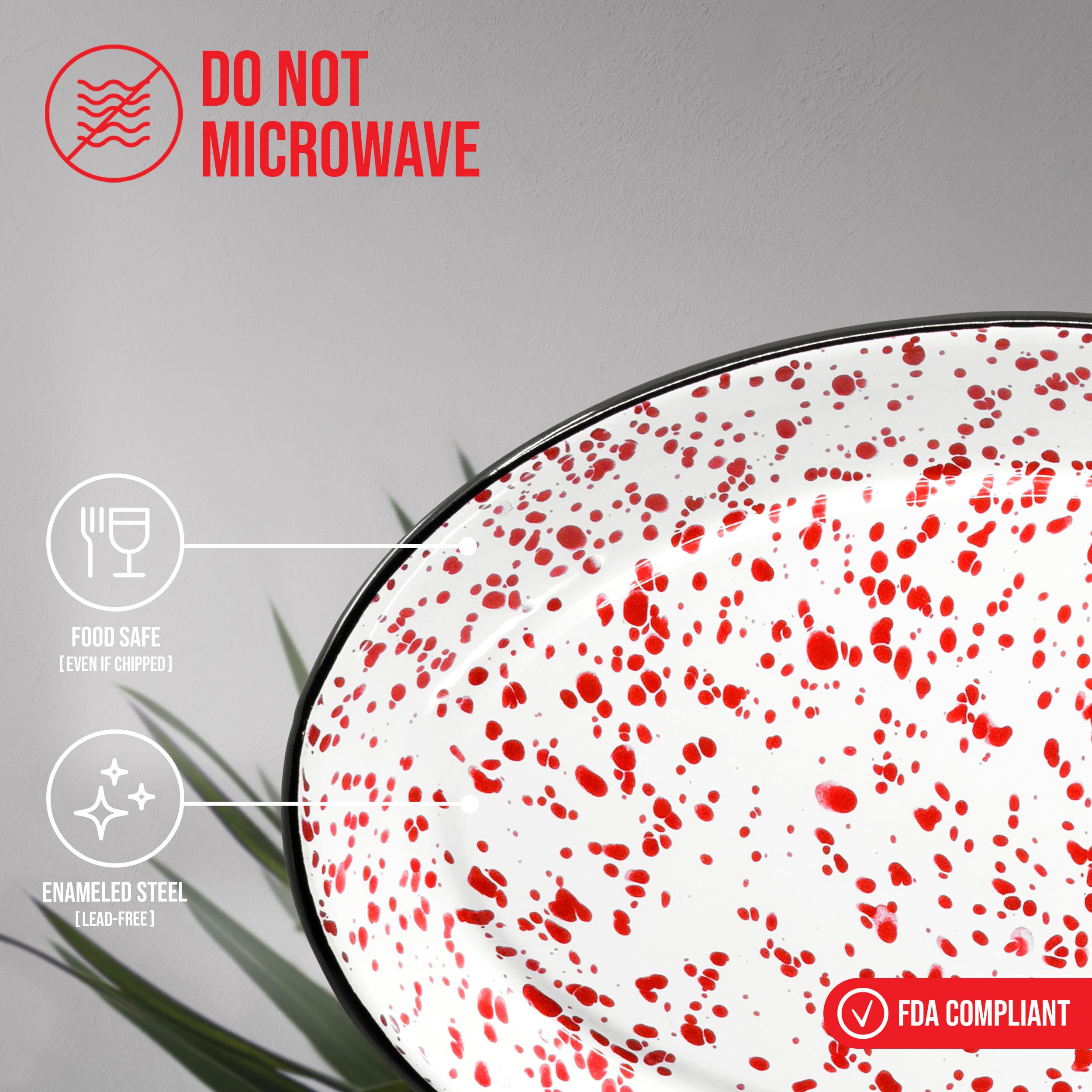 Red Co. Enamelware 13-Inch Oval Serving Tray - Classic Red Marble & Black Rim Splatter Design | Durable Metal Platter for Entertaining, Buffets & Home Decor