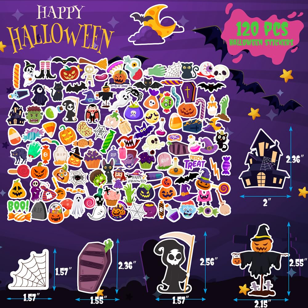 120 Pcs Halloween Stickers for Kids - Waterproof, Non-Repeating Party Favors, Classroom Crafts & Decorations - Perfect for Halloween Parties, Trick or Treat Bags, Pumpkin Decor & School Activities