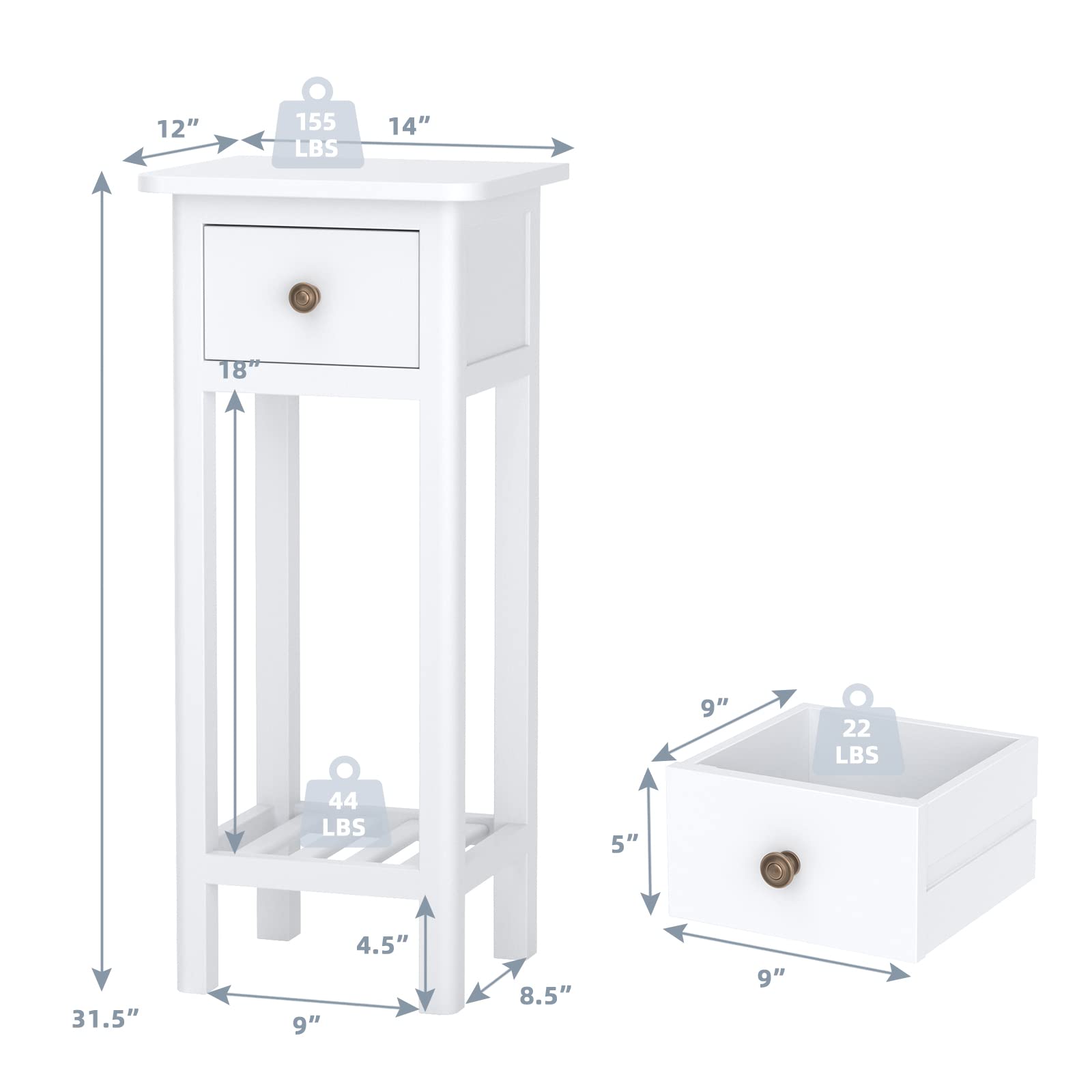 Giantex Small Side Table Set of 2 - Narrow End Table with Drawer & Shelf for Small Spaces, Wood Slim Sofa Side Table, Farmhouse Nightstand Bedside Table - No Assembly Required, White - Perfect for Living Room, Bedroom & Apartment Decor