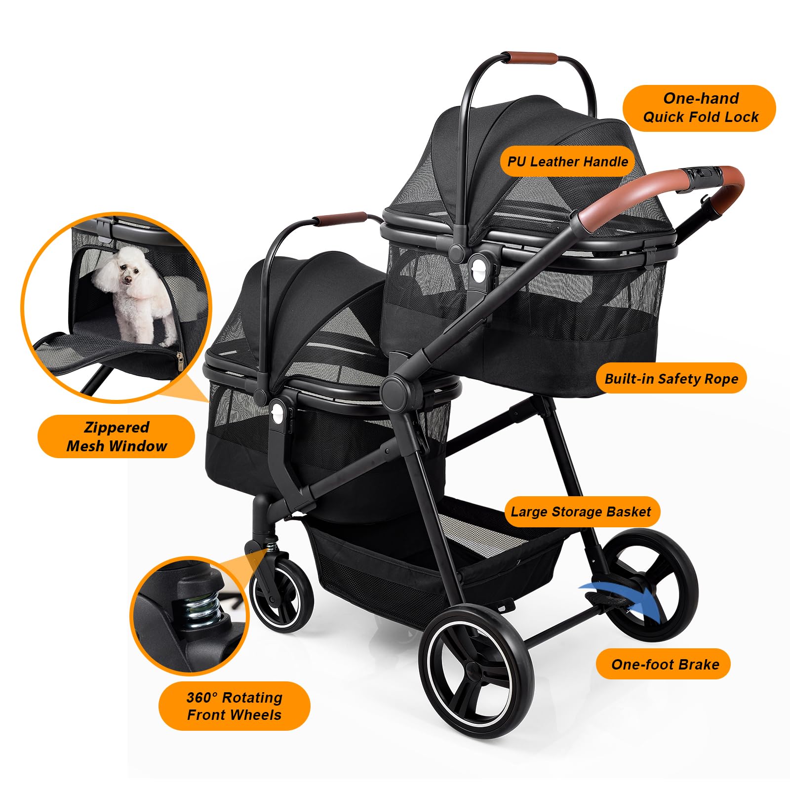 Foldable Double Pet Stroller for 2 Small & Medium Dogs & Cats - Lightweight Convertible Pet Carrier with Removable Basket | Perfect for Park Walks, Vet Visits & Traveling with Pets