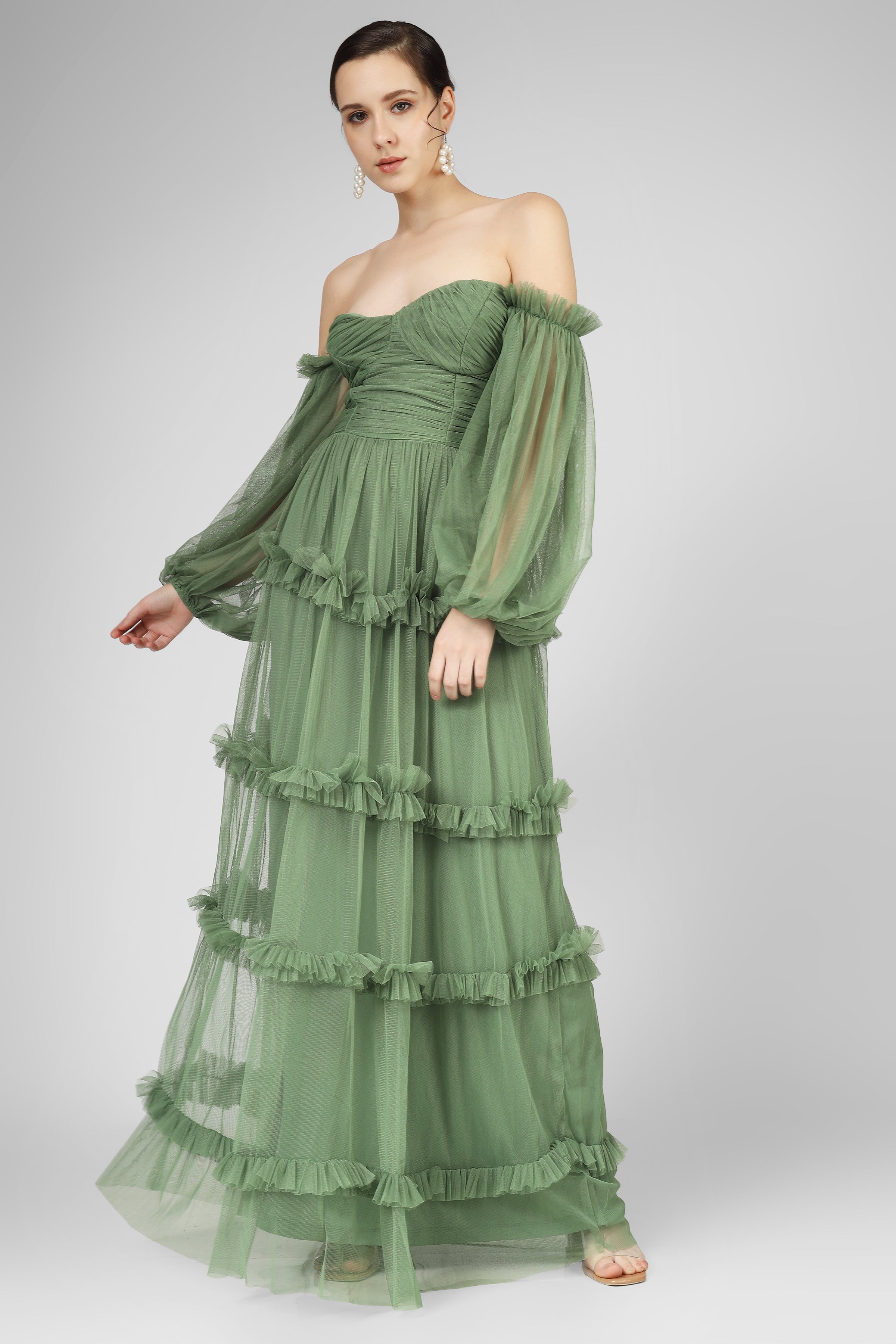 Rendi Olive Green Tulle Dress for Women - Elegant A-Line Party Gown with Flowy Skirt | Perfect for Weddings, Prom, Evening Events & Special Occasions