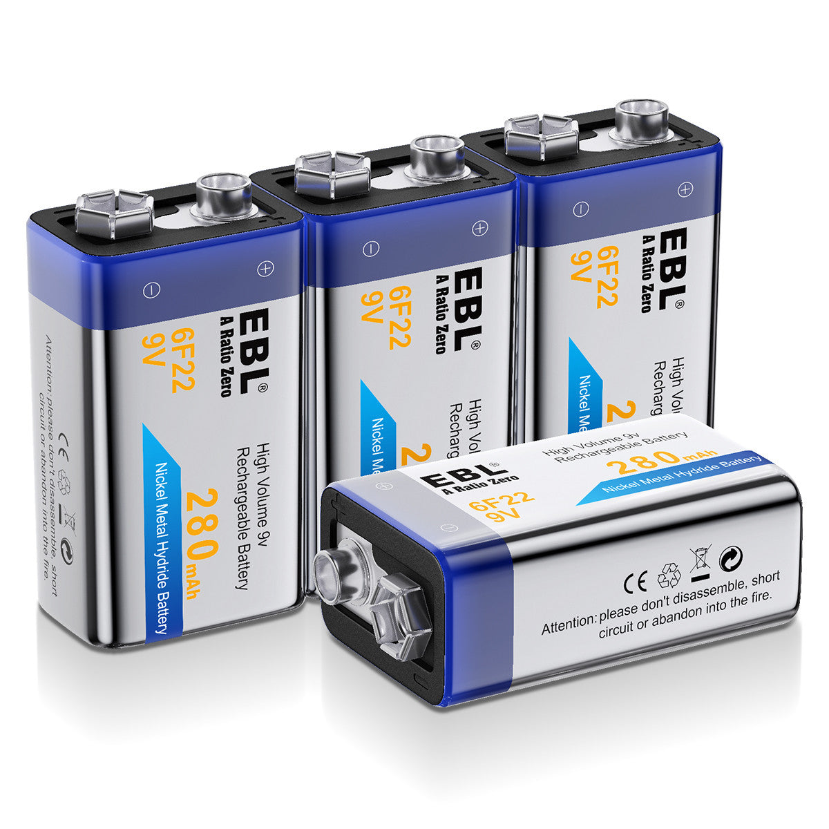 EBL 9V Rechargeable NiMH Battery 280mAh - Long Lasting Power for Smoke Detectors, Guitar Pedals & Wireless Microphones