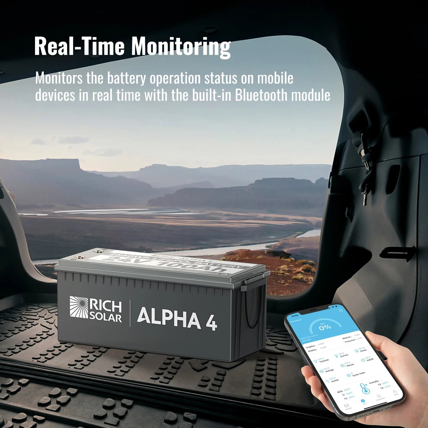 Rich Solar ALPHA 4 24V 100Ah LiFePO4 Lithium Battery with Built-in Heating & Bluetooth - Perfect for Solar Power Systems, RVs, Marine Applications, and Off-Grid Energy Storage