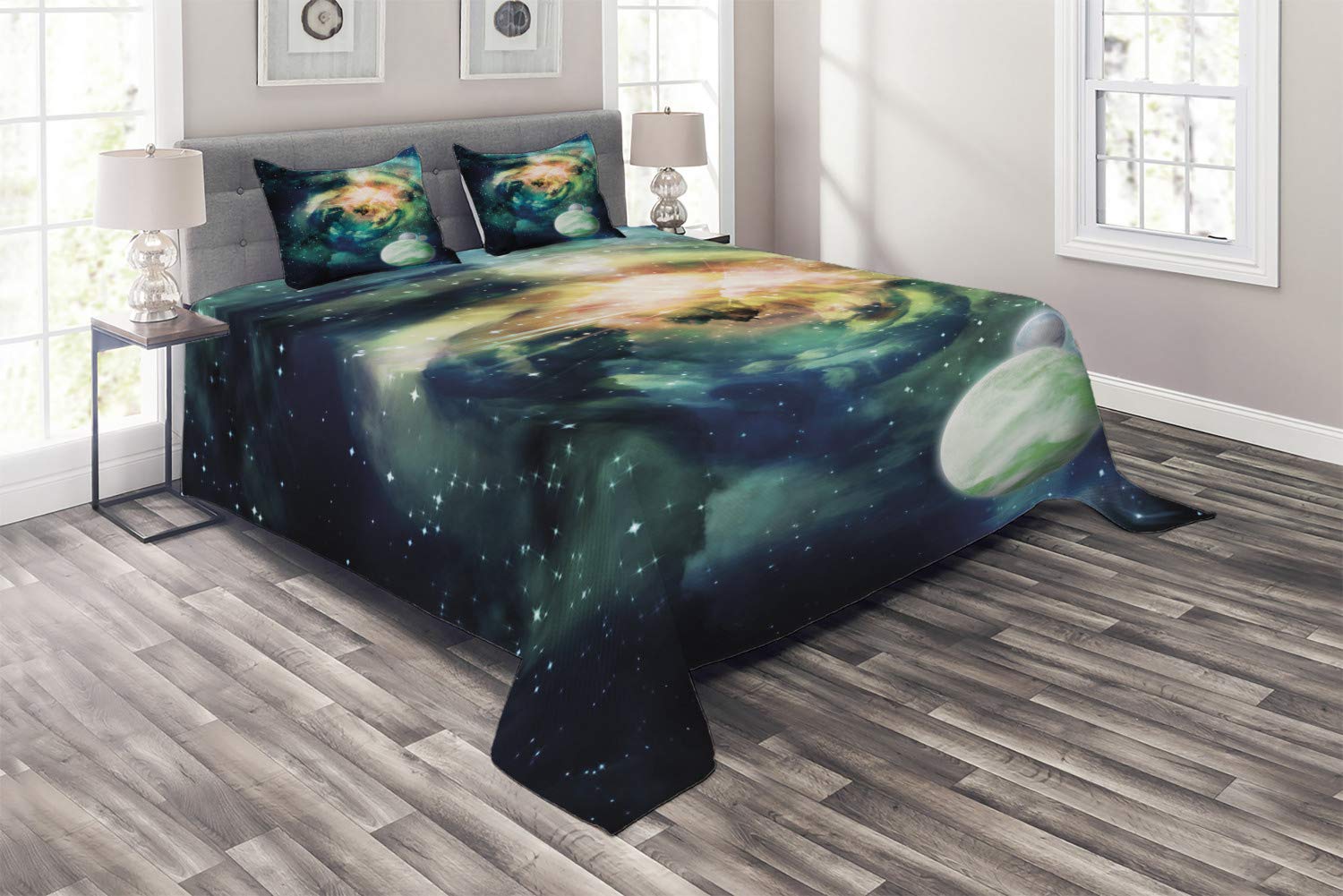 Ambesonne Space Coverlet Set - 3 Piece King Size Quilted Bedspread with 2 Pillow Shams, Spiral Andromeda Galaxy & Planets Fantasy Design in Teal Blue & Yellow | Mystical Cosmos Bedroom Decor for Sci-Fi Lovers & Astronomy Enthusiasts