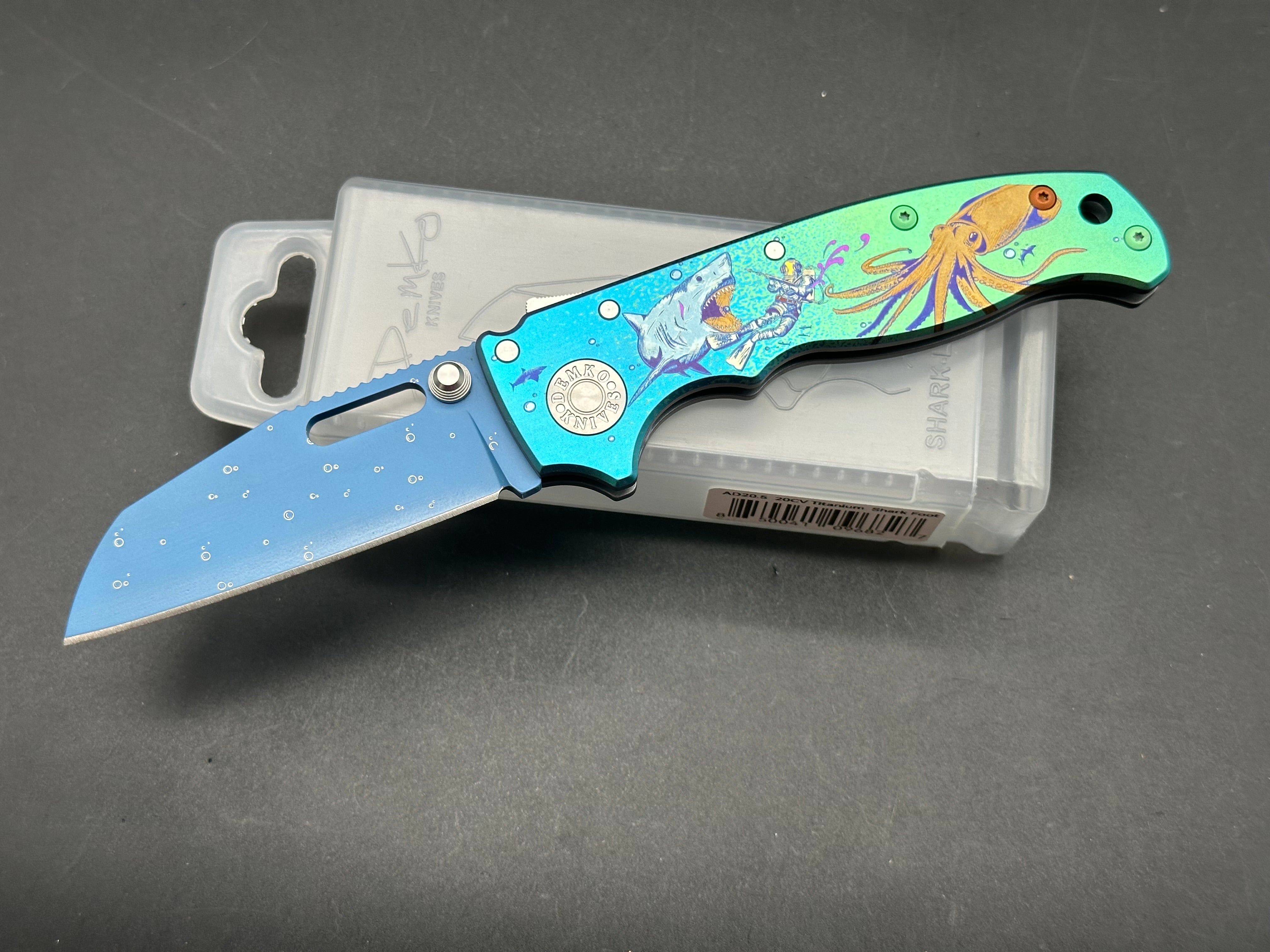 Demko AD20.5 Shark Lock Folding Knife - Custom Anodized Titanium Handle with Blue Cerakote Coating | EDC Pocket Knife for Outdoor Camping, Hiking & Everyday Carry