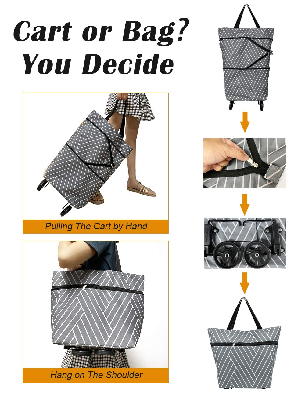 Foldable Reusable Grocery Bags with Wheels - Waterproof & Durable Shopping Tote for Supermarket, Farmers Market & Travel (Grey)