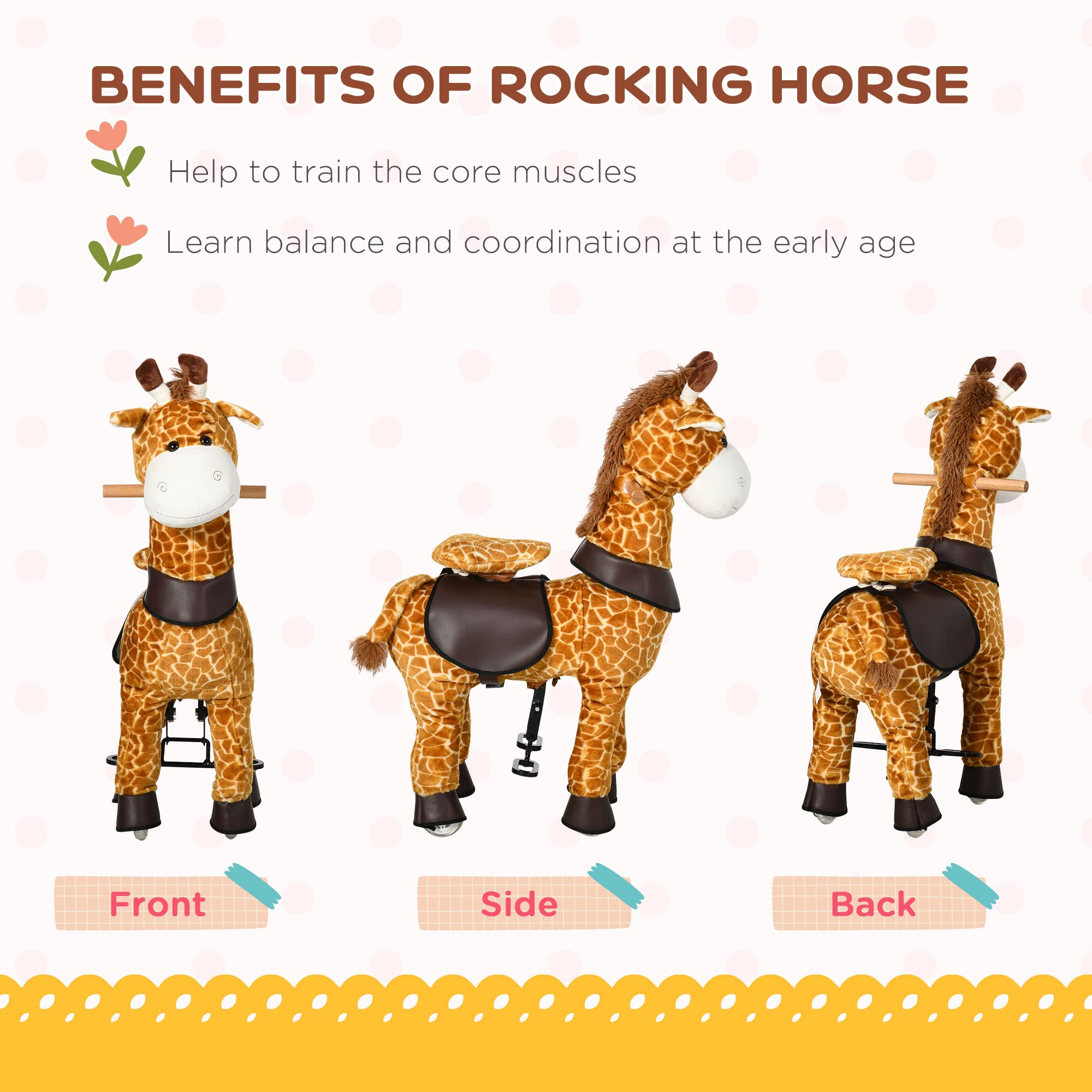 Qaba Rocking Horse for Toddlers - Giraffe Ride-On Pony Toy with Wheels for Kids Ages 3-6 Years - Yellow - Perfect for Indoor Play, Birthday Gifts & Early Childhood Development