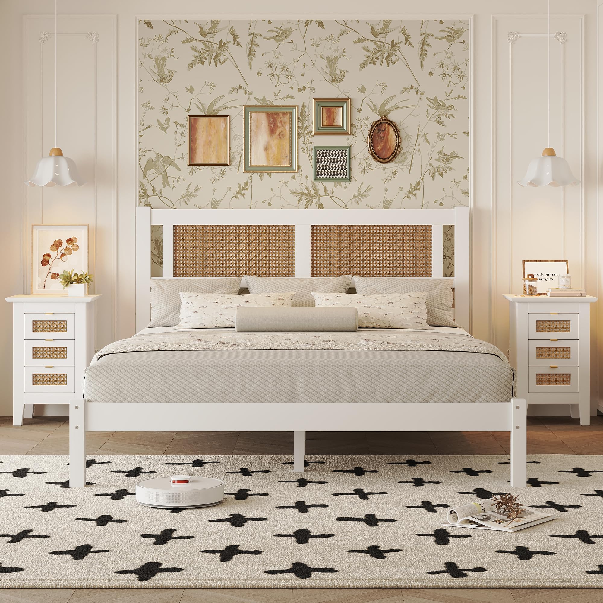 3-Piece Queen Size Wooden Platform Bedroom Set with Natural Rattan Headboard & 2 Nightstands - Modern Rattan-Woven Surfaces with 3 Drawers for Kids & Adults - Perfect for Cozy Bedrooms, Guest Rooms & Dorm Decor (White)