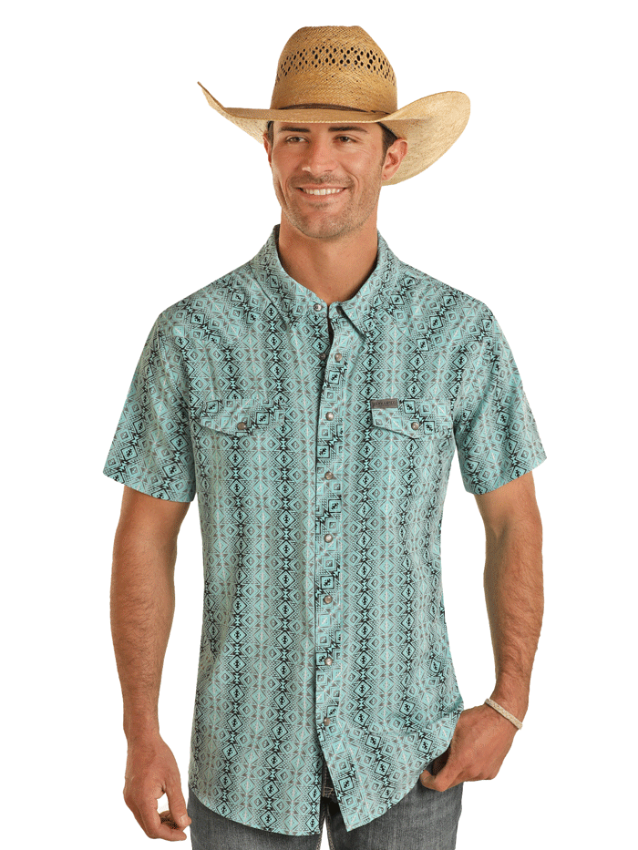Panhandle TMN3S03501 Men's Short Sleeve Performance Snap Shirt - Aztec Turquoise - Lightweight Quick-Dry Fishing & Outdoor Shirt for Hiking, Camping, and Summer Activities
