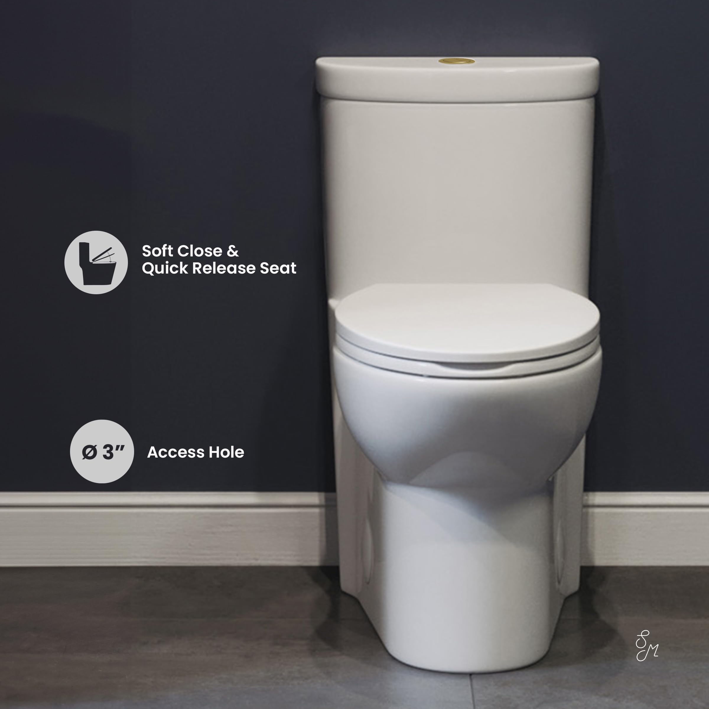 Premium One Piece Elongated Toilet with Dual Flush Technology - 1.1/1.6 GPF, Brushed Gold Hardware - Perfect for Modern Bathrooms & Luxury Homes