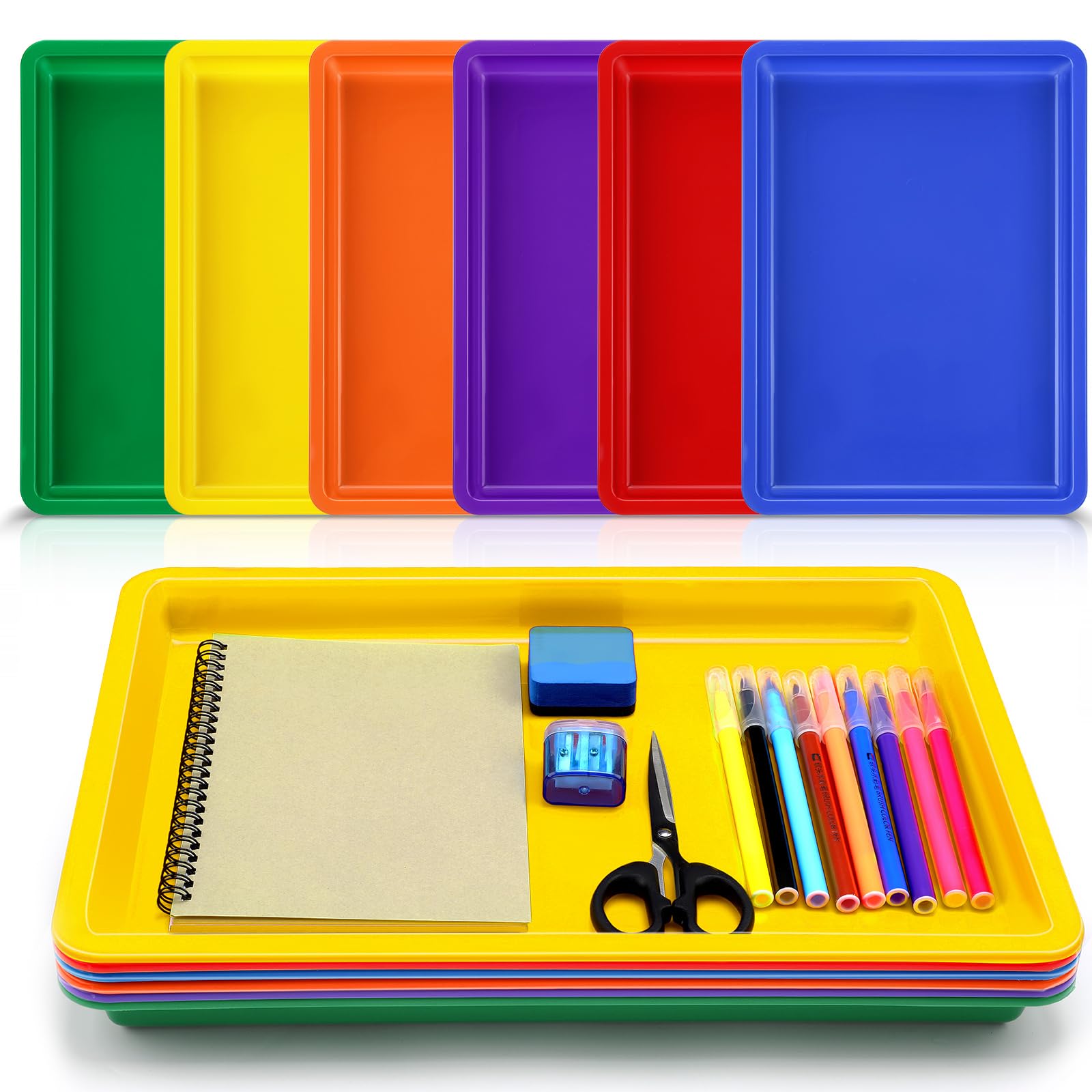 Mifoci 6 Pack Large Plastic Art Trays 16x12x1 Inch, Stackable Kids Activity Craft Trays for Sensory Play, Serving, Organizing, DIY Projects, Jewelry Sorting, Sand Painting - Classroom, Homeschool, Daycare, Party Supplies