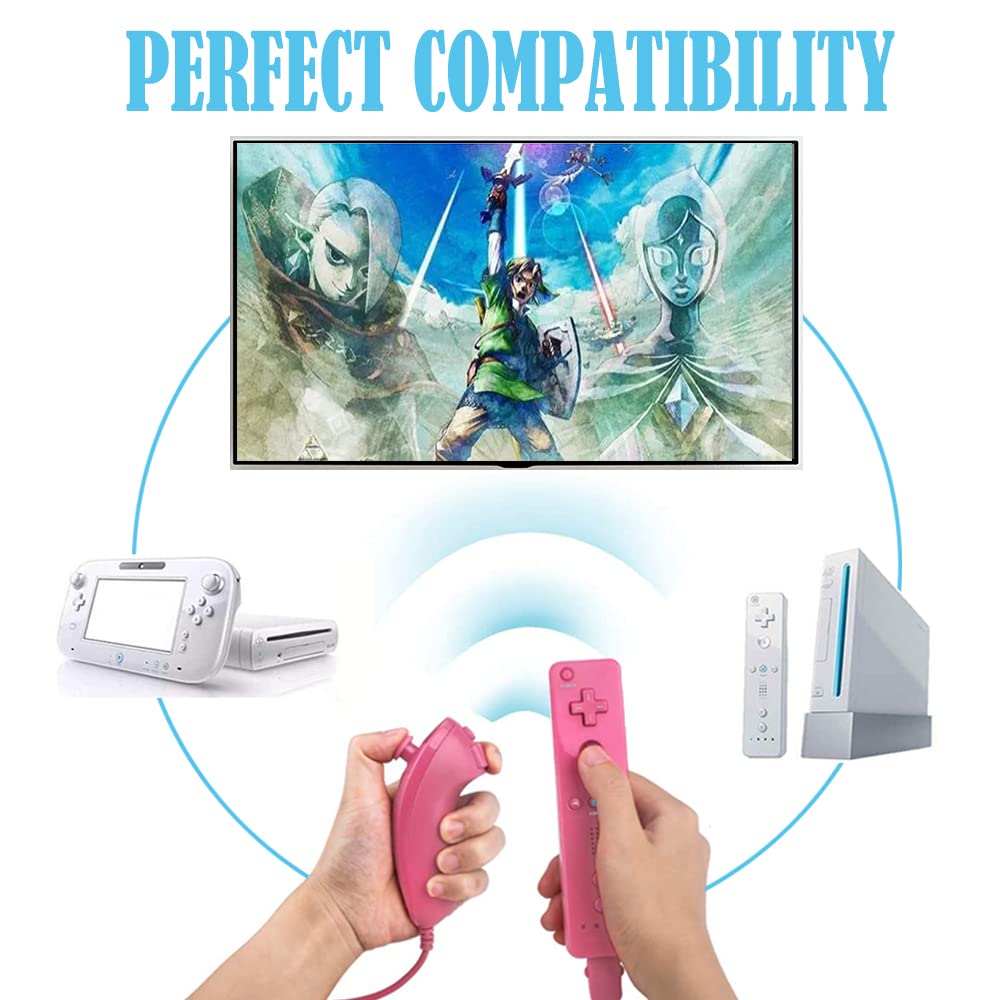 Upgraded Wii Remote Controller 2 Pack - Wireless Game Controller Compatible with Wii & Wii U Console (Pink & Blue) - Perfect for Family Gaming, Party Play & Motion Control Games