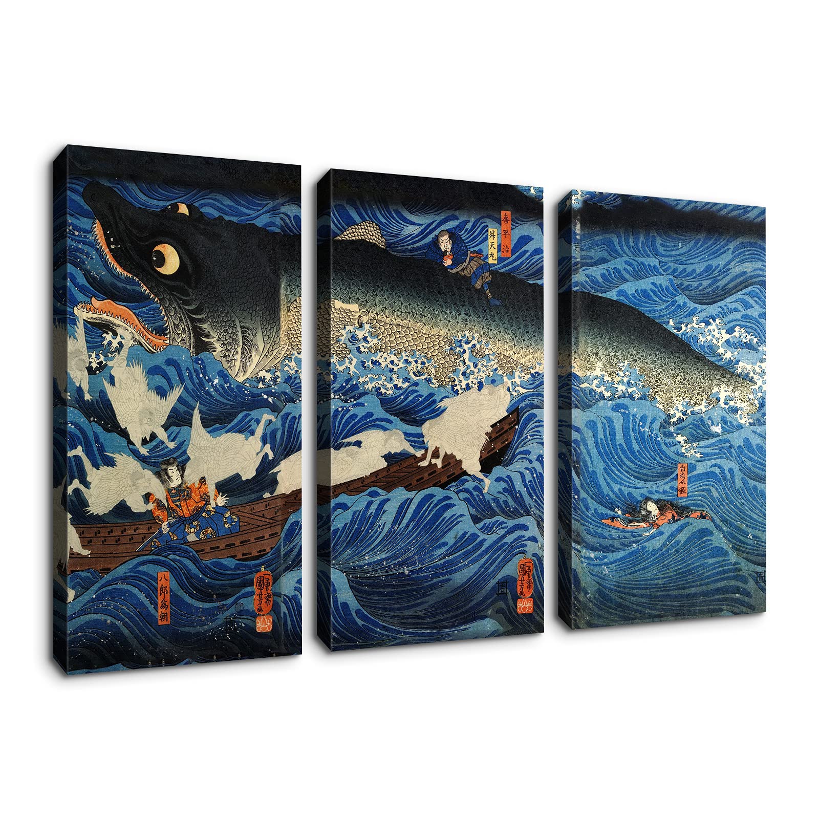 Denozer - 3 Piece Canvas Wall Art Set - Ukiyoe Style Oil Painting Reproduction Giclee Prints, Stretched & Framed Ready to Hang - 24x48 Inch Triptych for Living Room, Bedroom & Office Decor