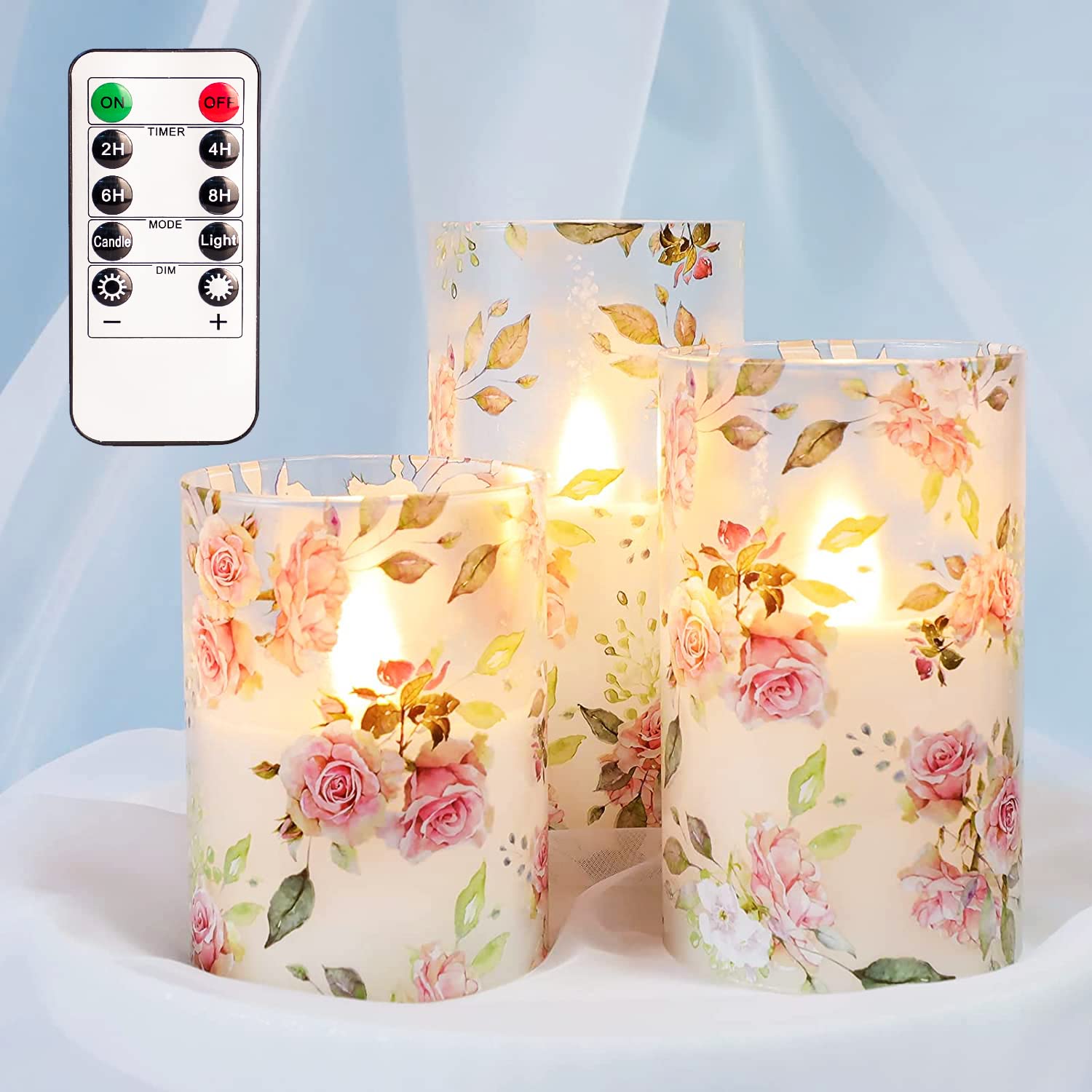 Realistic Pink Rose Flameless LED Candles with Remote - Battery Operated Flickering Glass Pillar Candles for Romantic Bedroom Decor, Wedding Centerpiece & Home Table Decoration