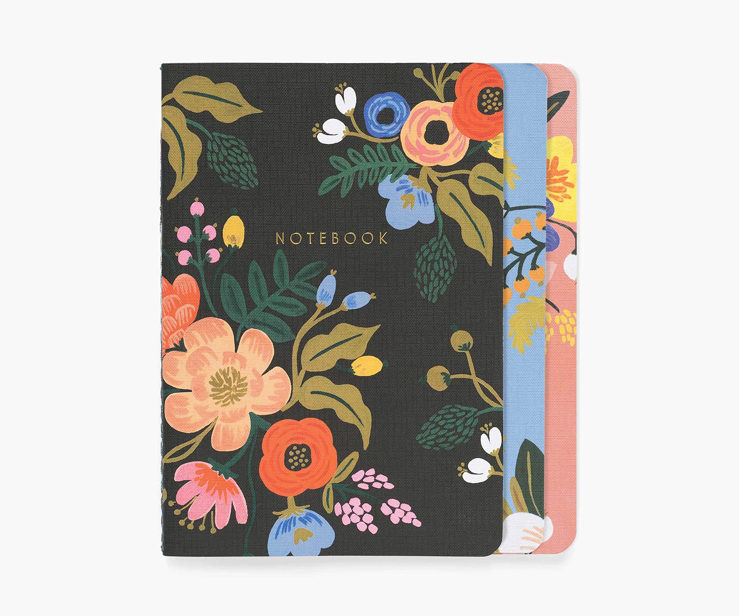 Rifle Paper Co. Floral Notebook Set - 3 Pack with 64 Ruled Pages, Gold Foil Details & Canvas Cover - Perfect for Journaling, Note Taking & Gift Giving