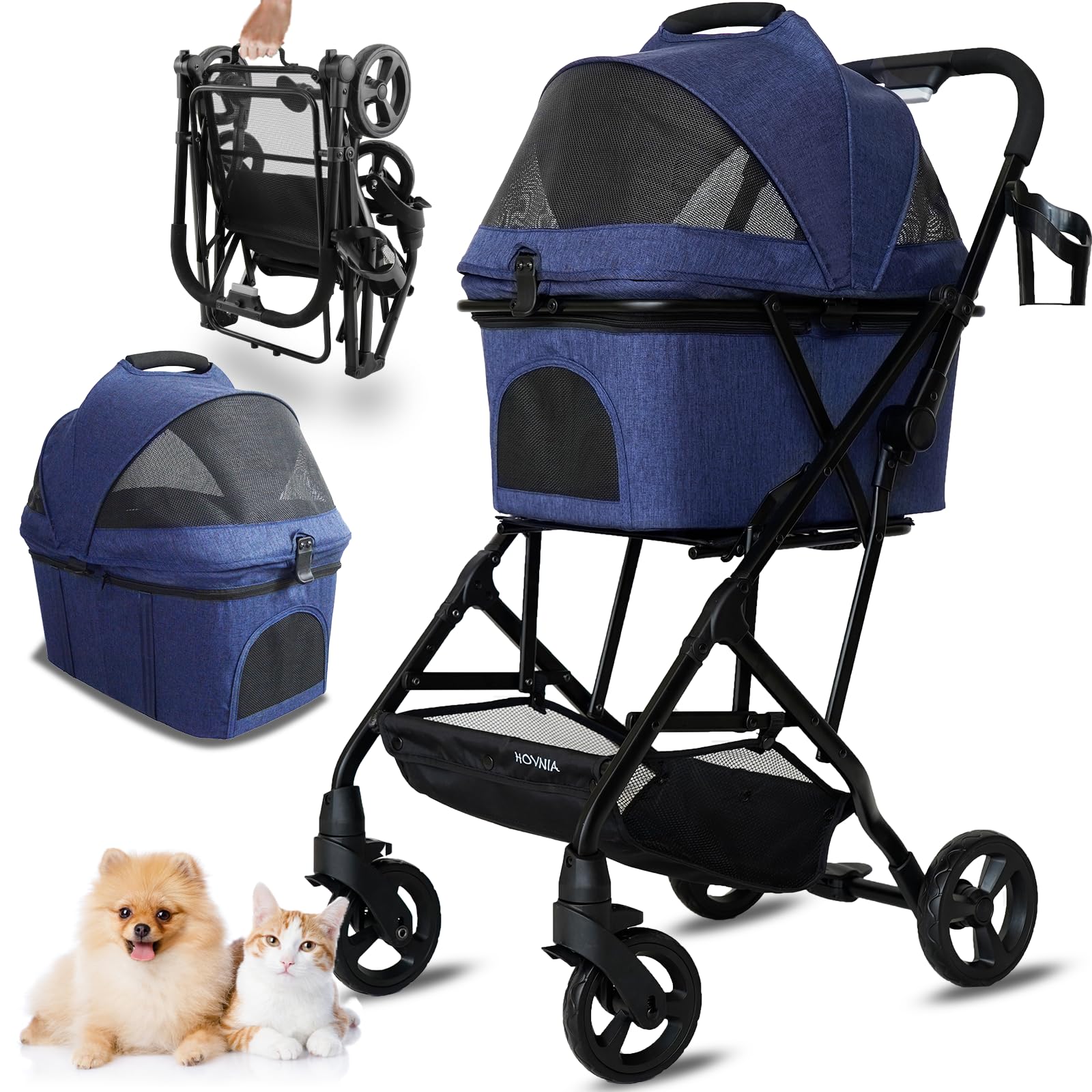 3 in 1 Dog Stroller - Lightweight Foldable Pet Carrier with 4 Wheels, Removable Travel Basket, No-Zip Canopy & Cup Holder - Perfect for Small/Medium Dogs & Cats - Ideal for Park Walks, Vet Visits & Shopping Trips - Blue