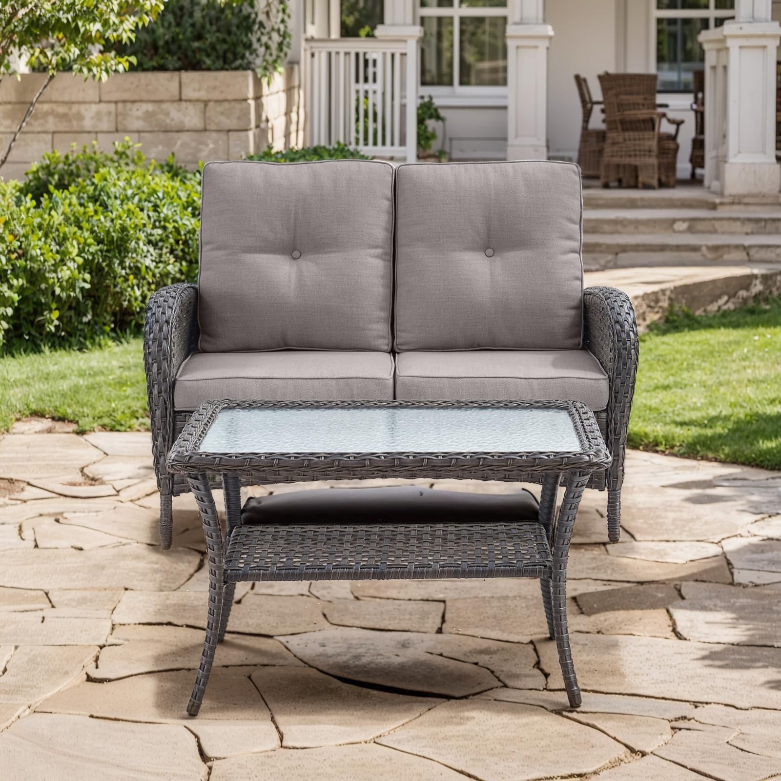 HUMMUH Outdoor Loveseat Sofa 2-Seat PE Wicker Patio Couch with Coffee Table - Deep Seat High Back Weather-Resistant Outdoor Furniture Set for Garden, Porch, Deck, Poolside (Grey) - Perfect for Relaxing, Entertaining & Lounging in Your Backyard